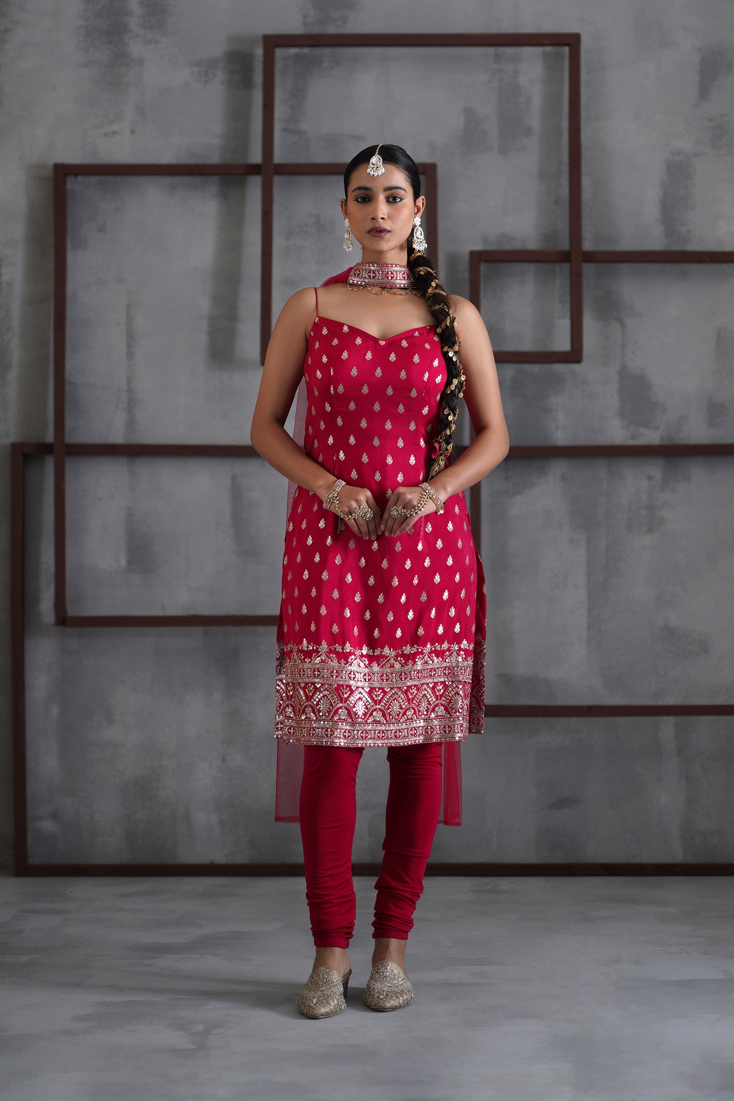 Fuchsia Kurti, Churidar and Choker Dupatta