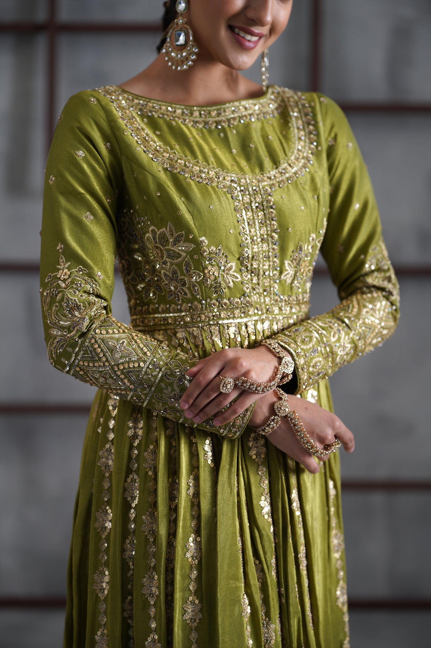 Mehendi Green Embroidered Anarkali, Churidar and Dupatta