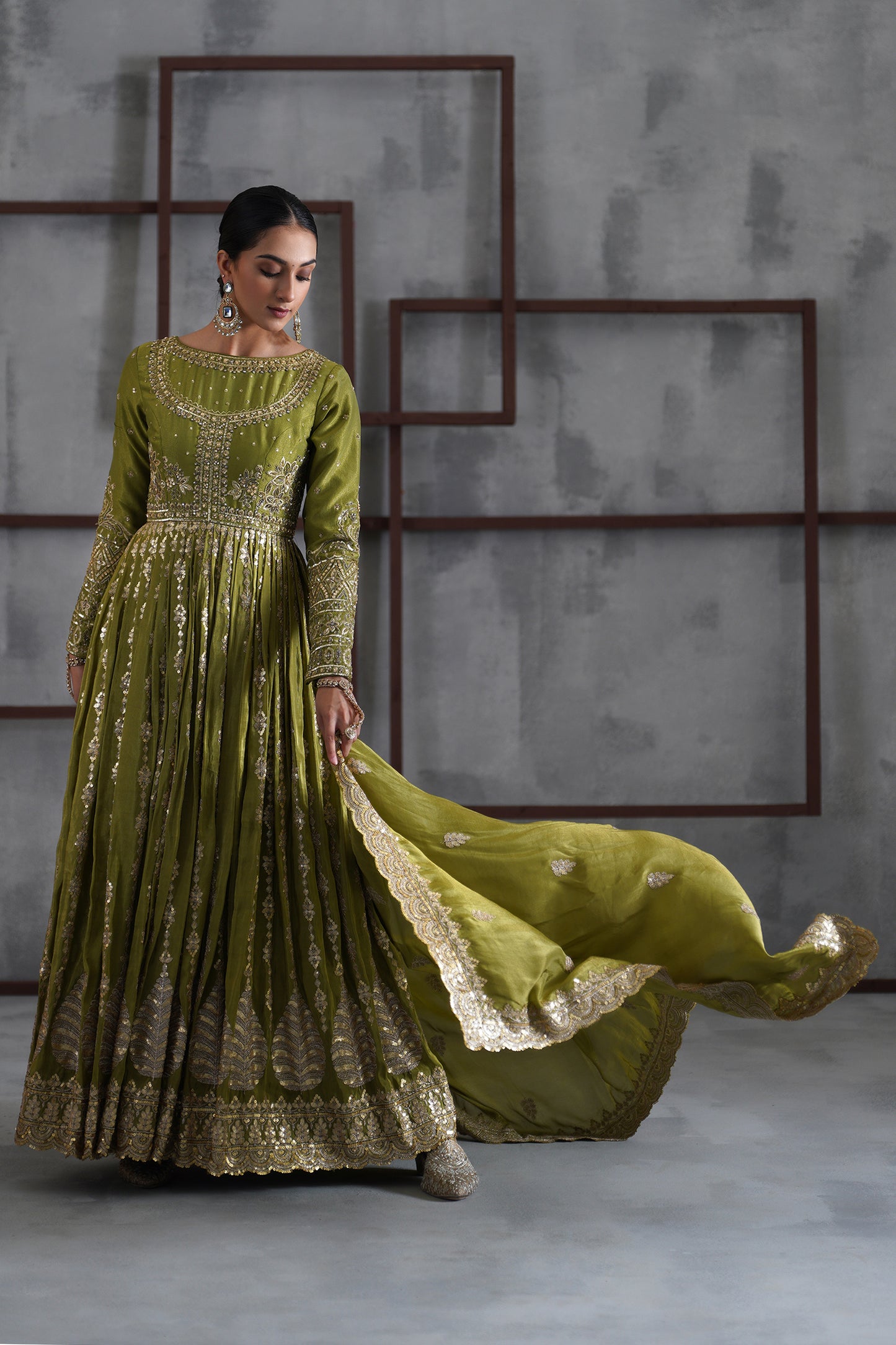 Mehendi Green Embroidered Anarkali, Churidar and Dupatta