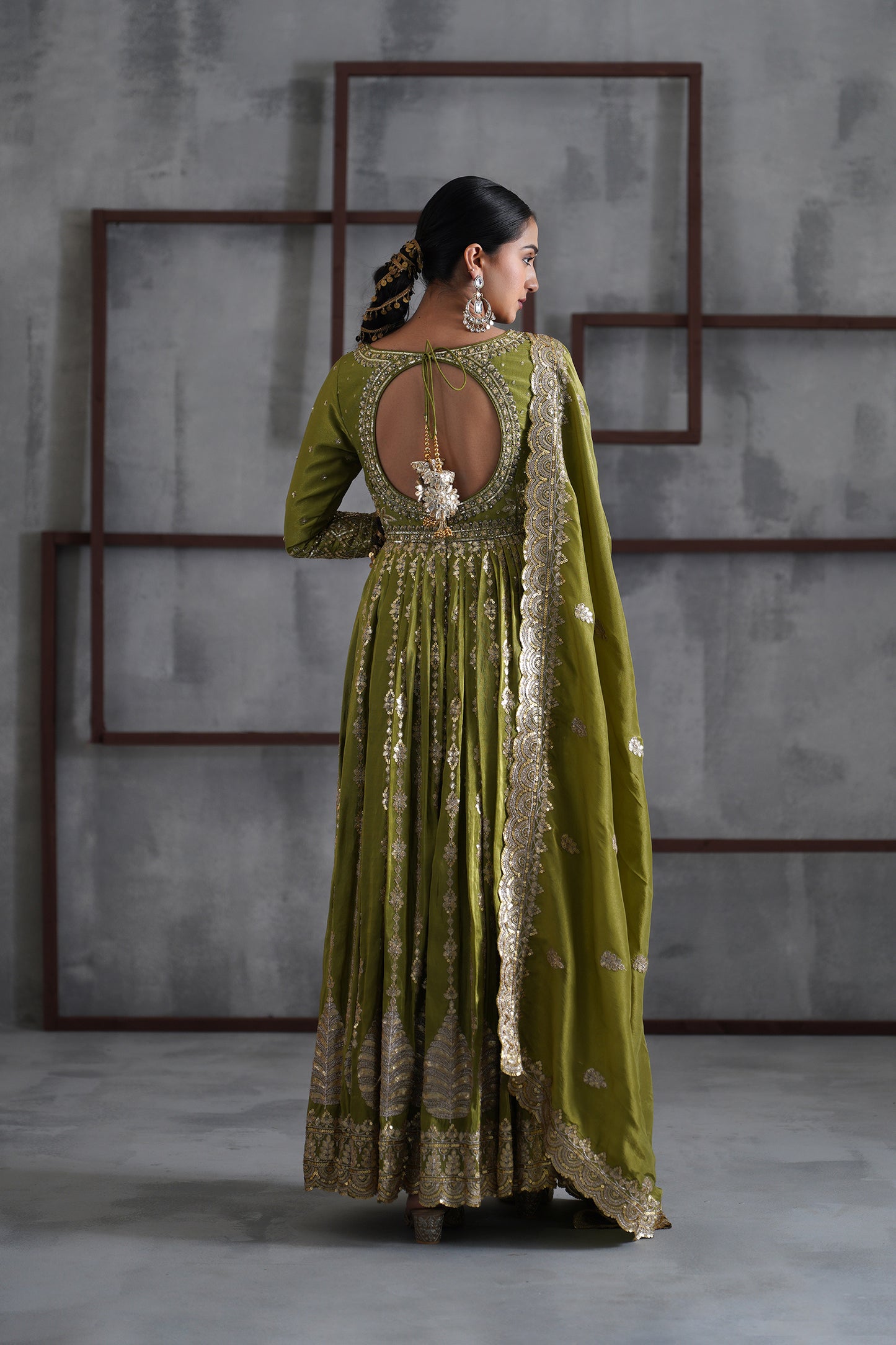 Mehendi Green Embroidered Anarkali, Churidar and Dupatta