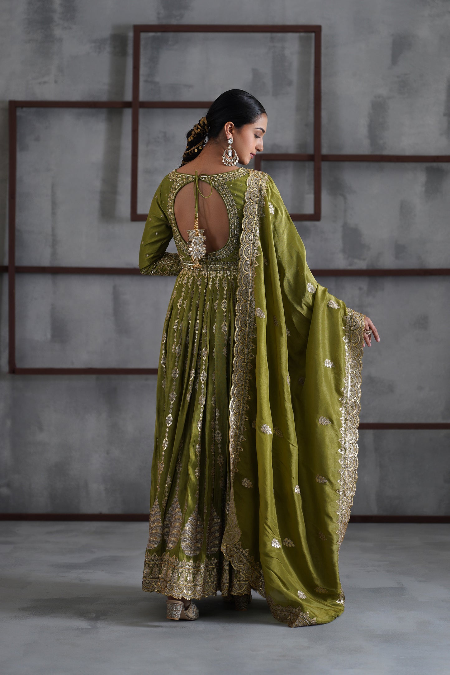Mehendi Green Embroidered Anarkali, Churidar and Dupatta
