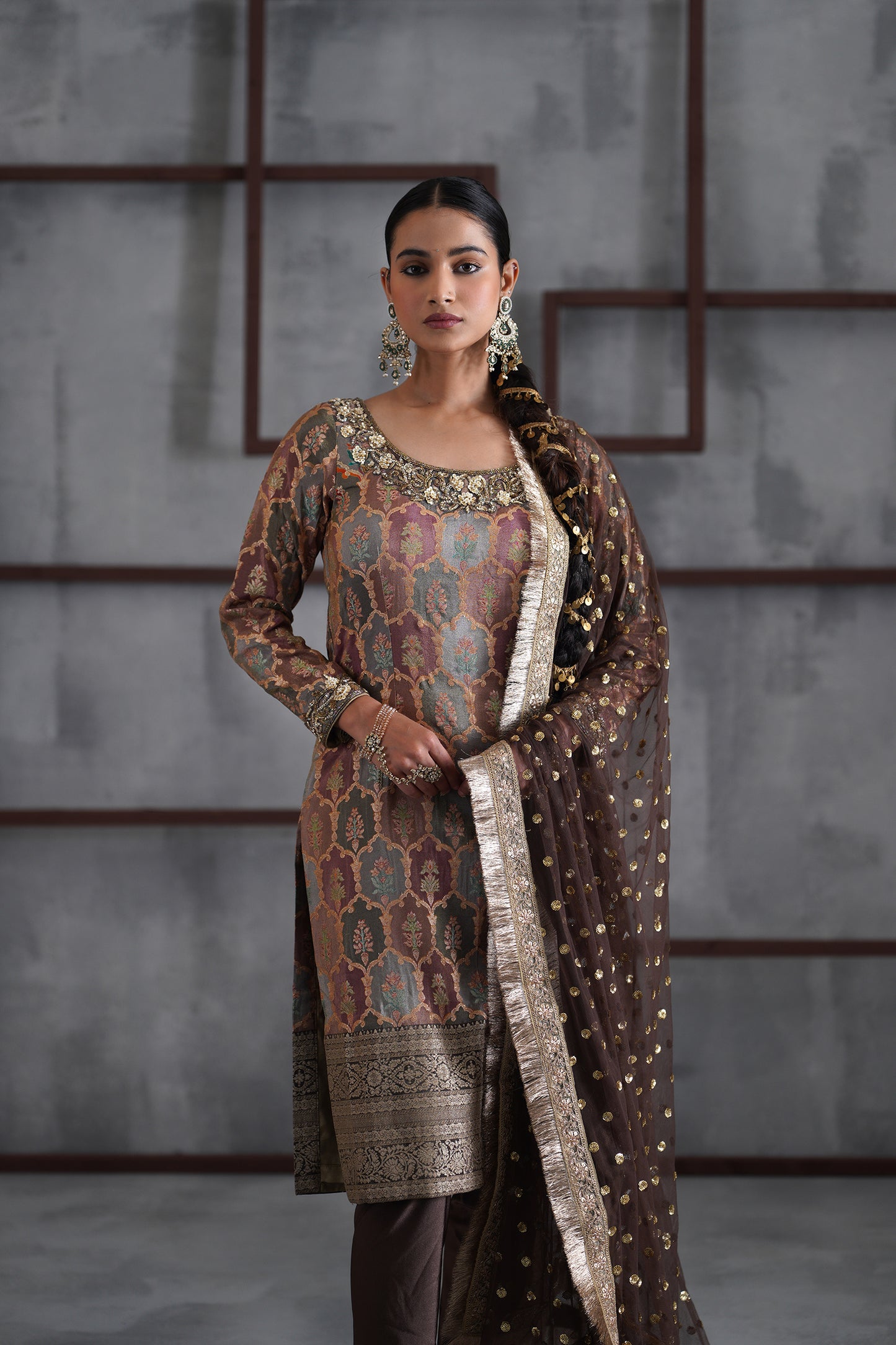 Brown Brocade Kurti , Churidar and Dupatta