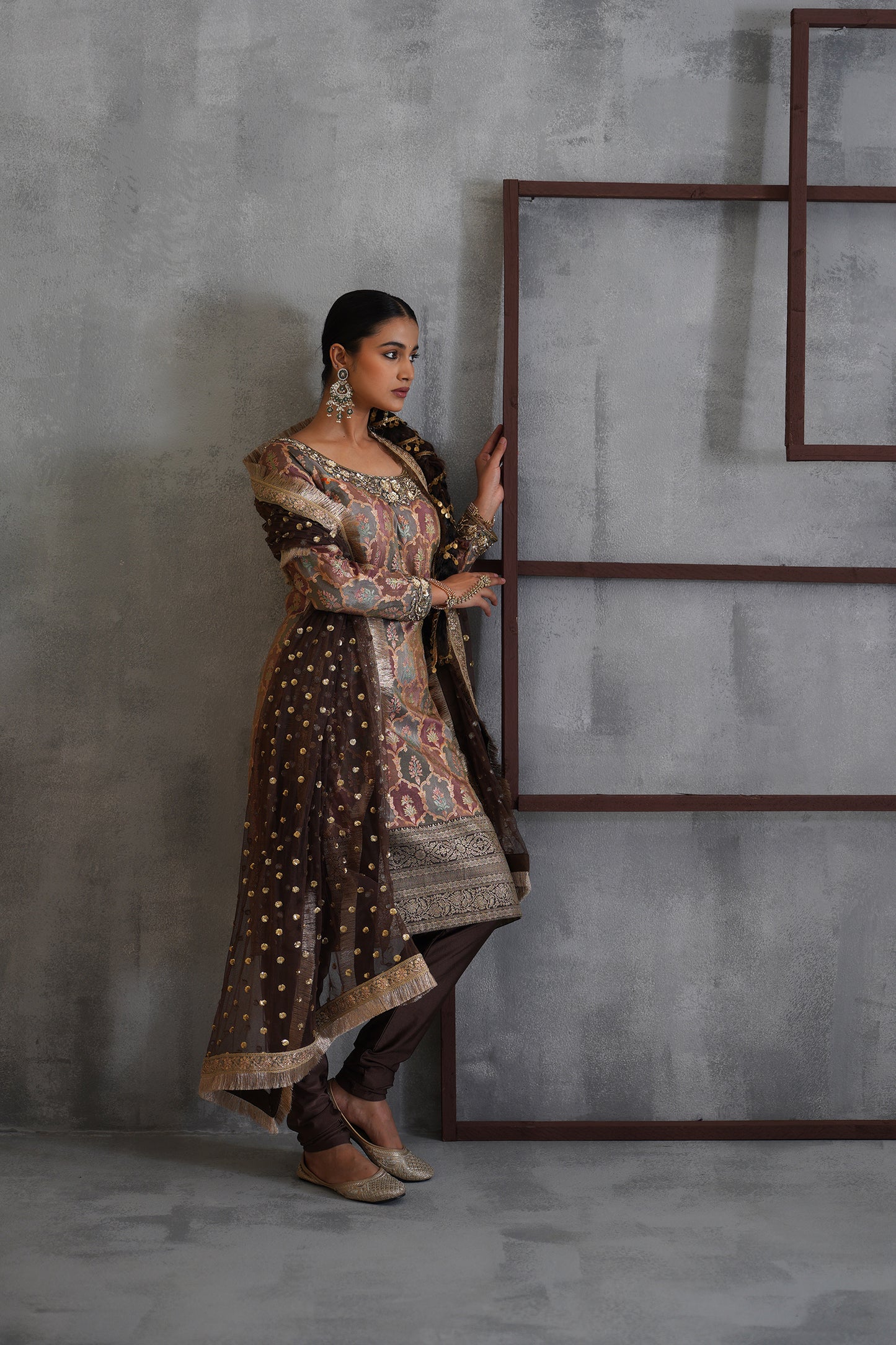 Brown Brocade Kurti , Churidar and Dupatta
