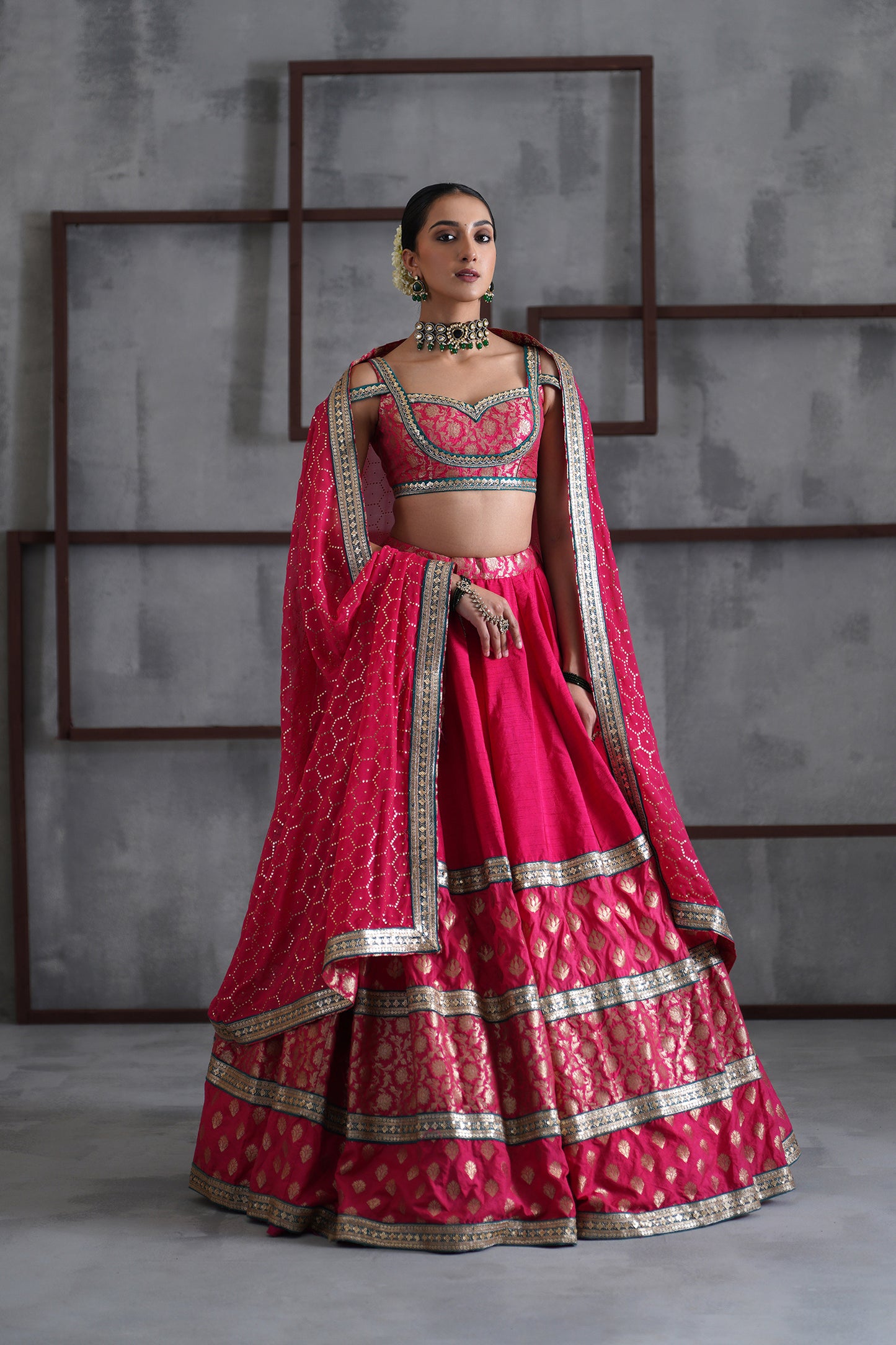 Hot pink Brocade blouse, Lehanga and Dupatta