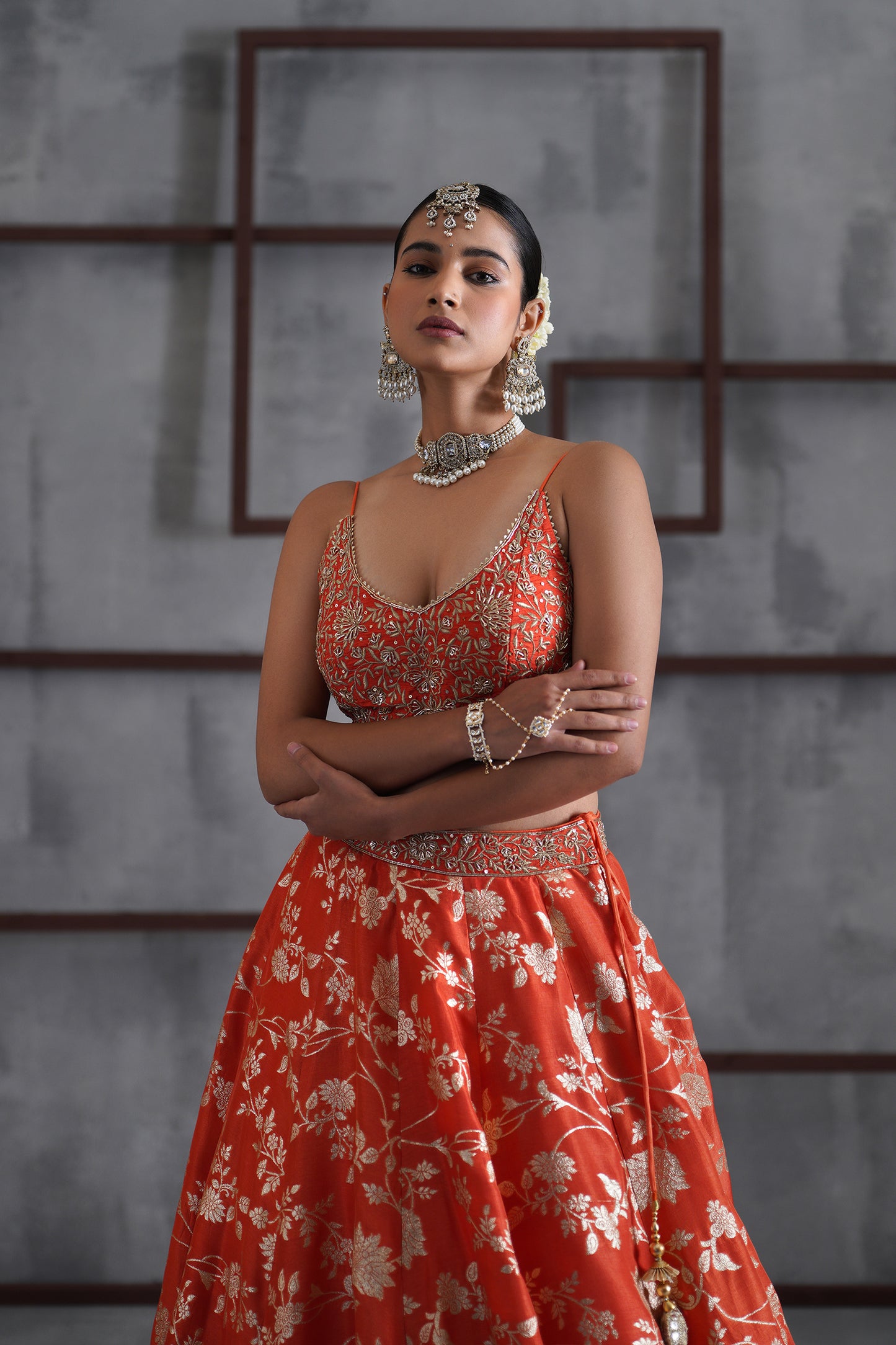 Orange Embroidered Bustier, Banarsi Lehenga and Dupatta