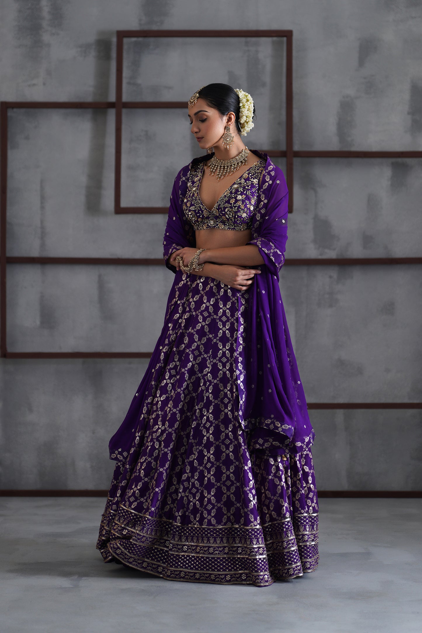 Purple Embroidered Blouse, Banarsi Lehanga and Dupatta