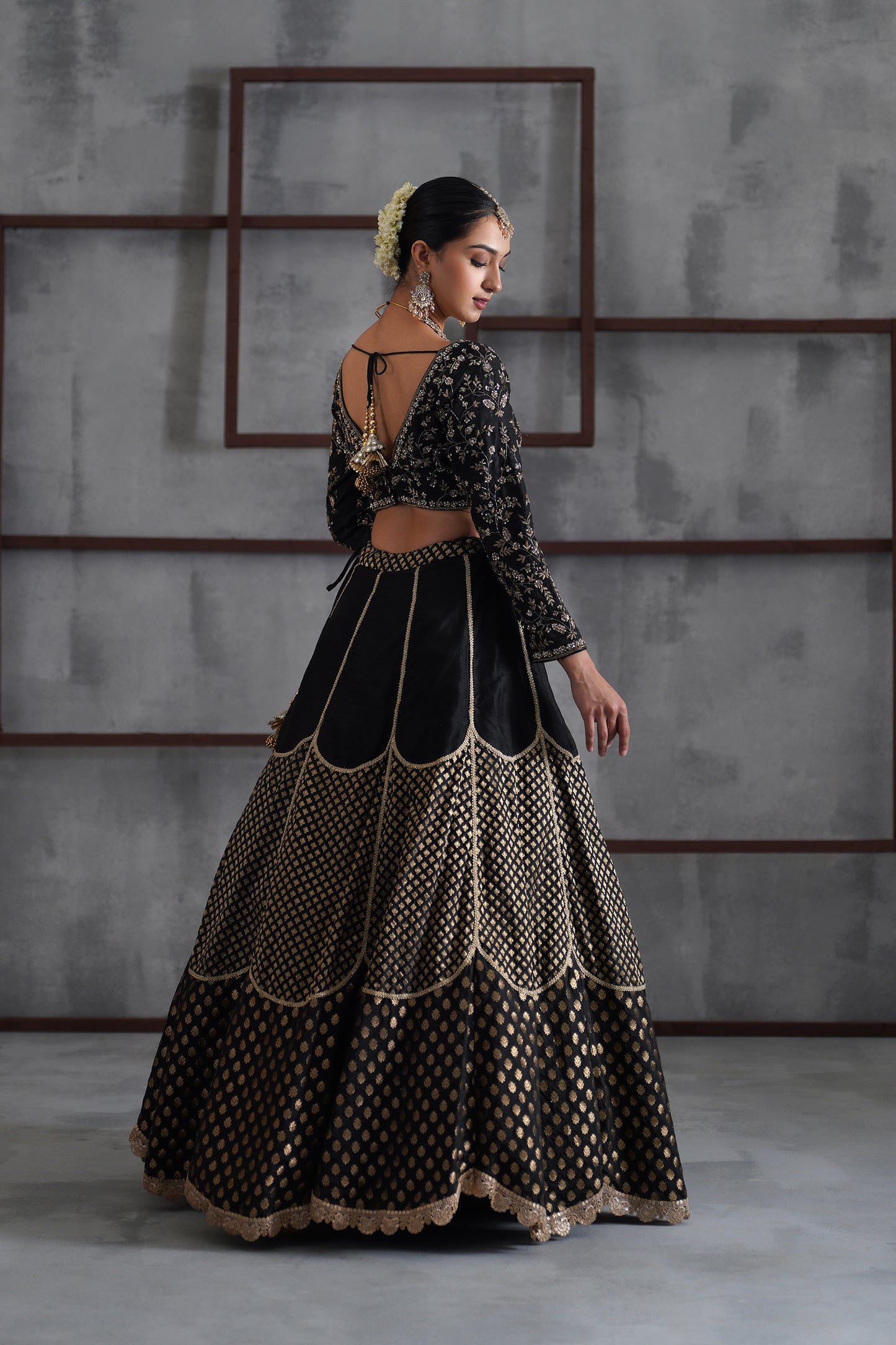 Black Embroidered Blouse, Brocade Lehenga and dupatta