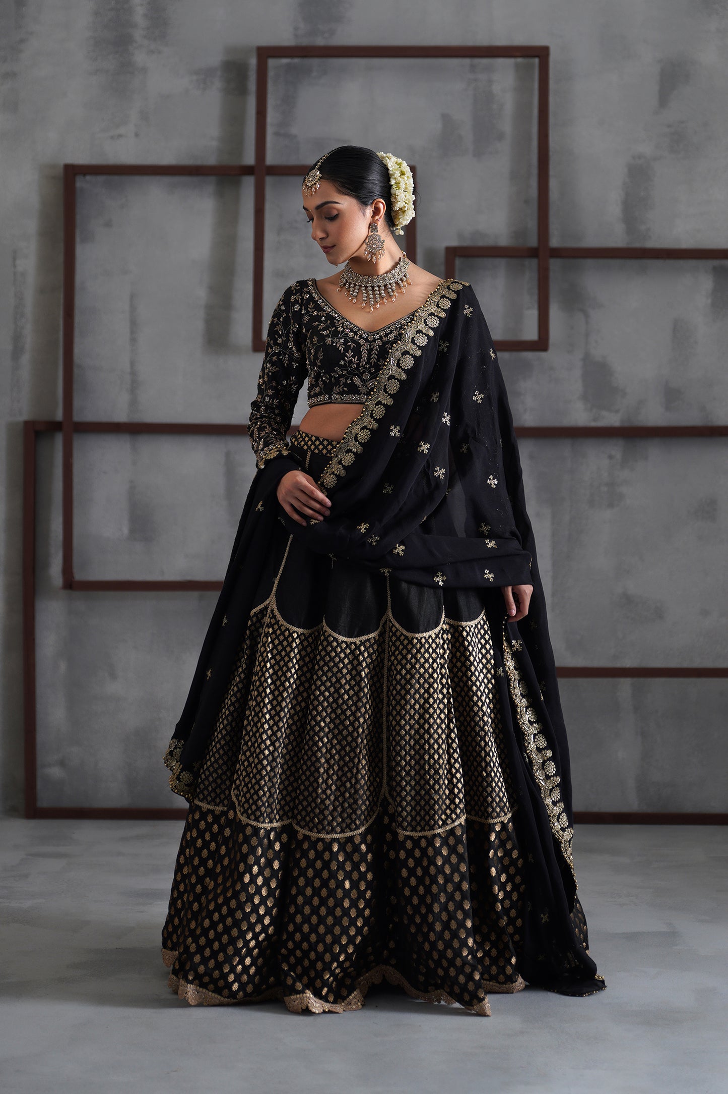 Black Embroidered Blouse, Brocade Lehenga and dupatta