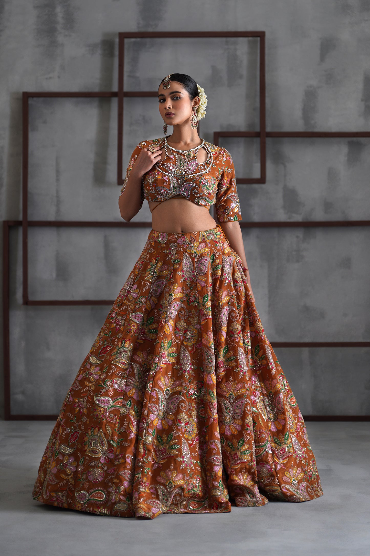 Mustard Printed Blouse, Lehenga and Dupatta
