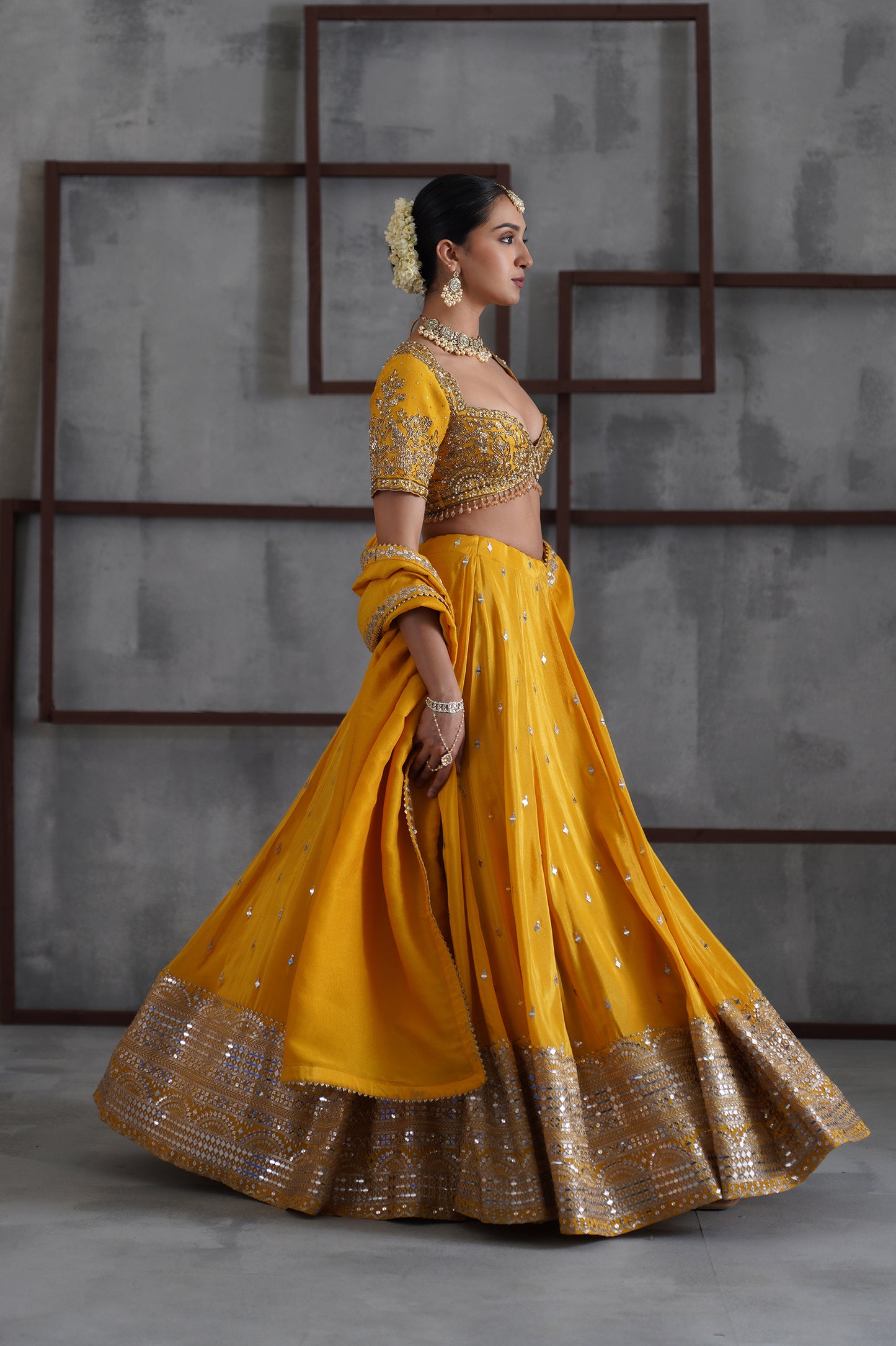 Yellow Embroidered Blouse, Lehenga and Dupatta