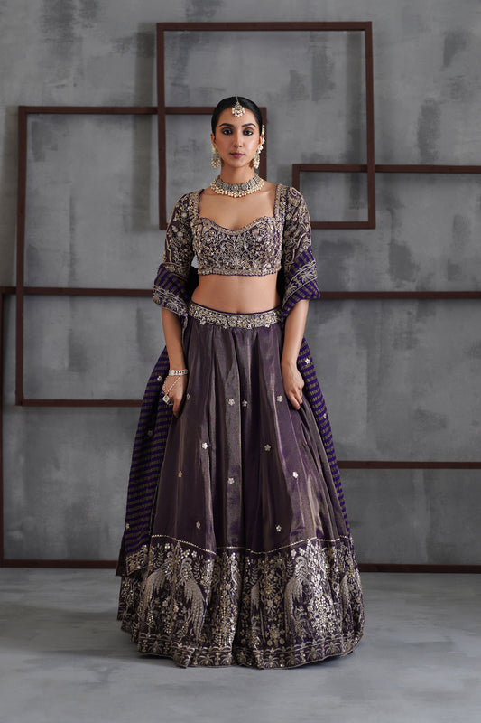 Purple Tissue Embroidered Blouse, Lehenga and Dupatta
