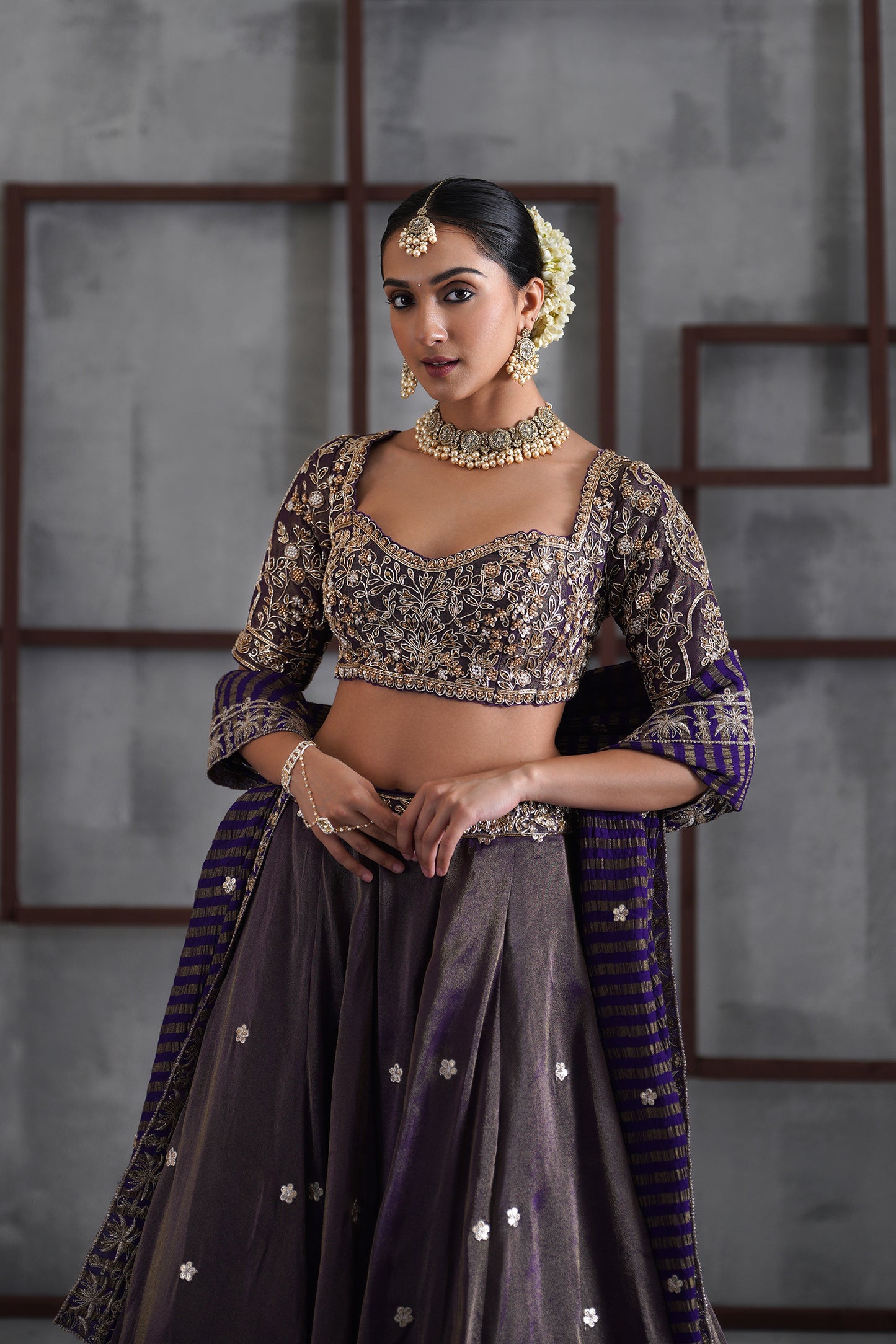 Purple Tissue Embroidered Blouse, Lehenga and Dupatta