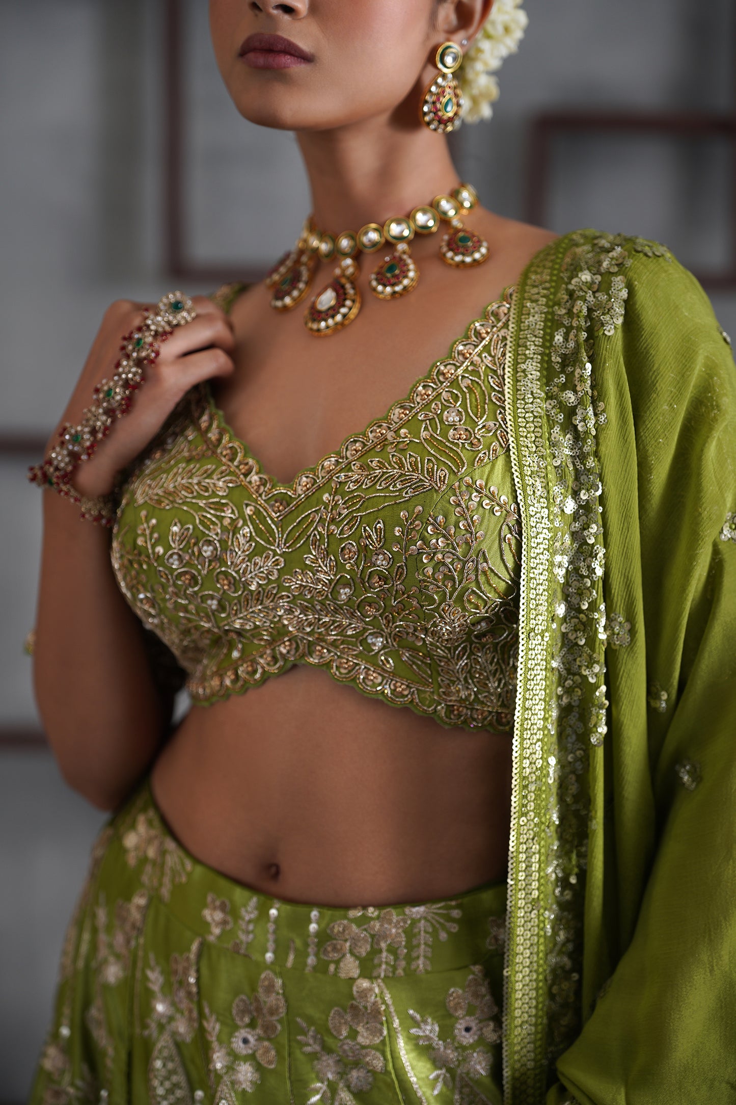 Green Embroidered Blouse, Lehenga and Dupatta