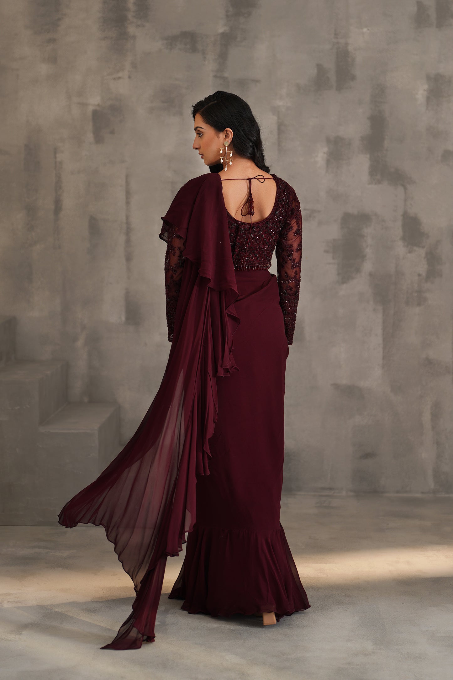 Wine Embroidered Blouse and Draped Ruffle Saree