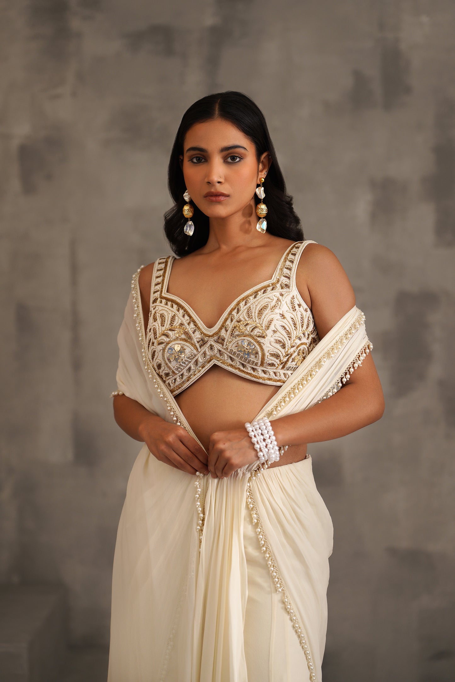 Ivory Embroidered Blouse and Draped Saree