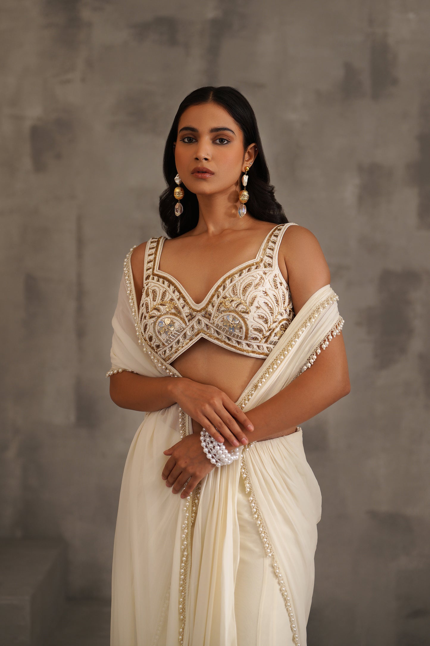 Ivory Embroidered Blouse and Draped Saree