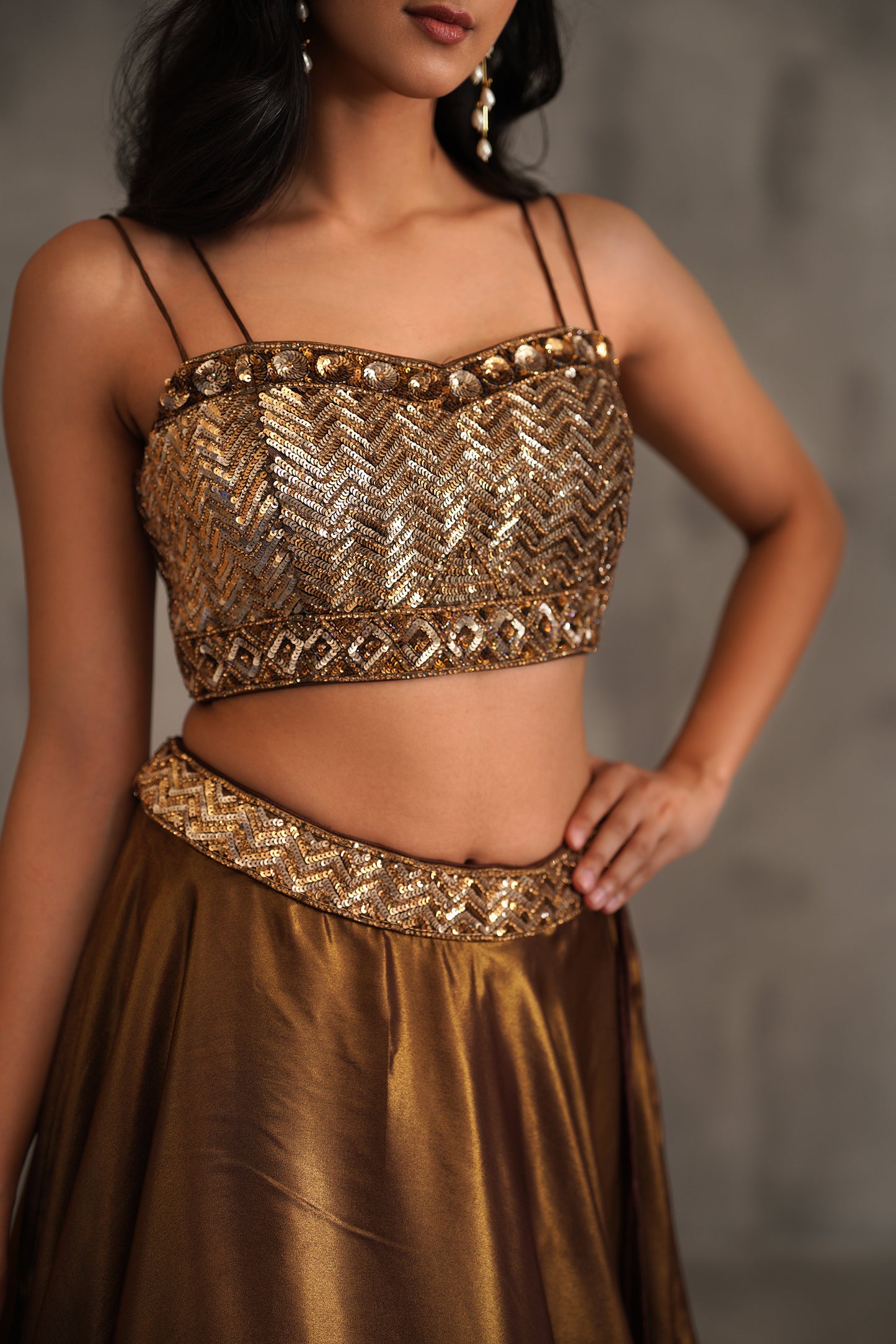 Bronze Embroidered Bustier, Lehanga and Dupatta