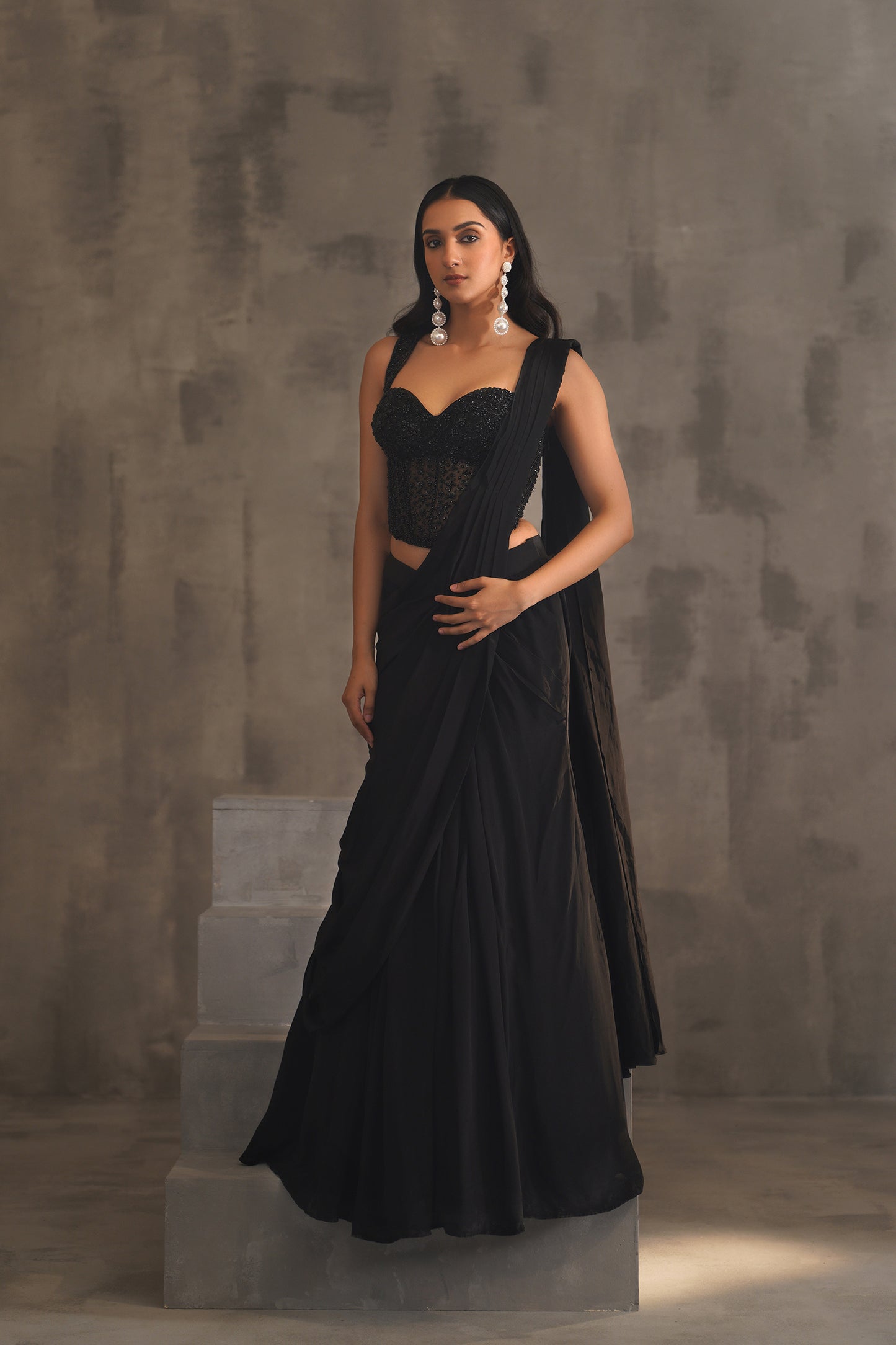 Black Embroidered Corset and Drape Saree