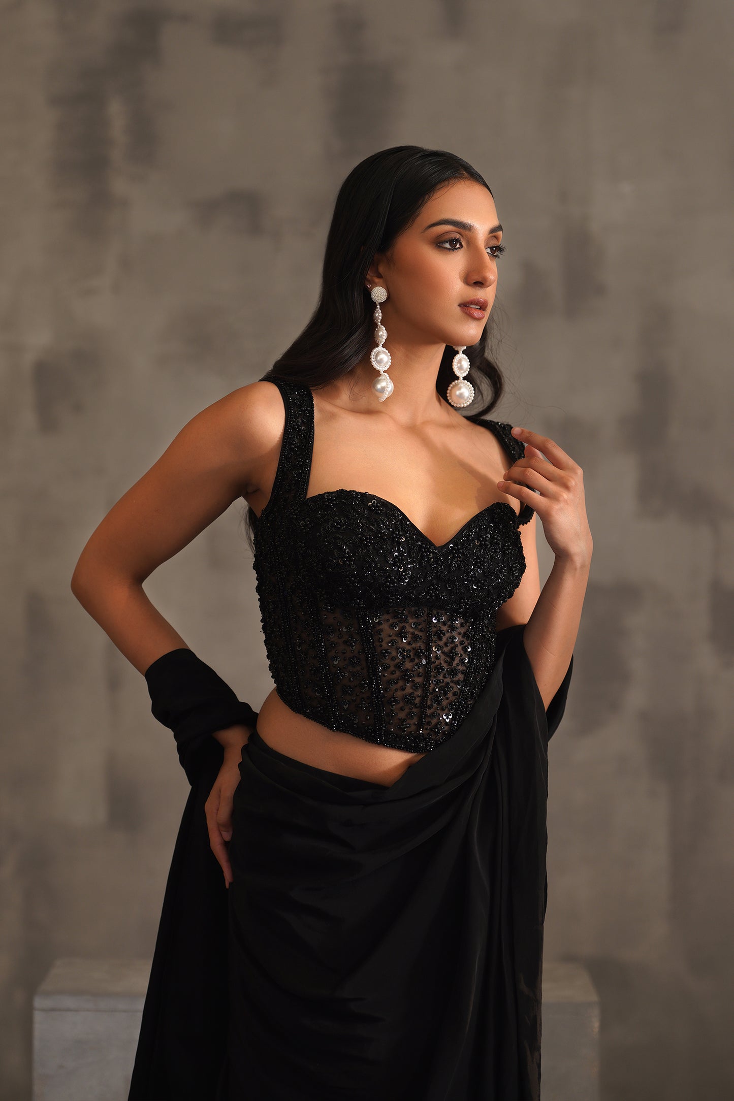 Black Embroidered Corset and Drape Saree