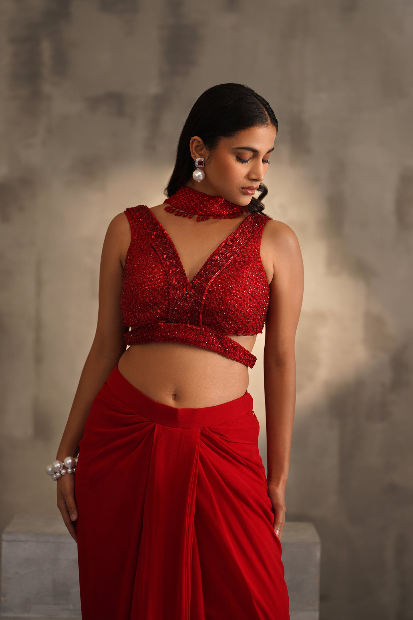 Red Embroidered Blouse, Dhoti Skirt and Choker Dupatta