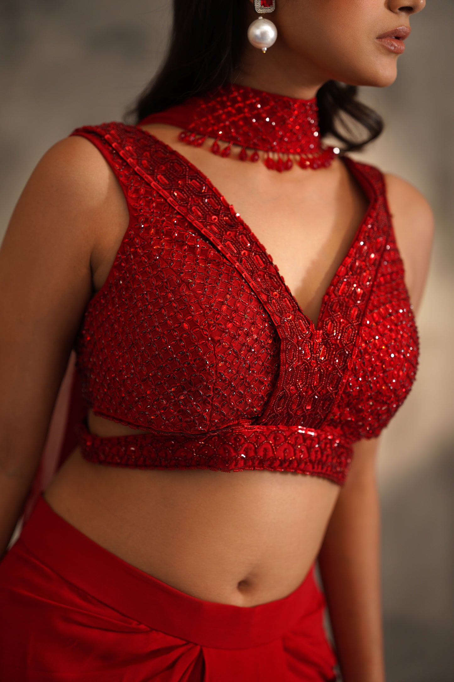 Red Embroidered Blouse, Dhoti Skirt and Choker Dupatta