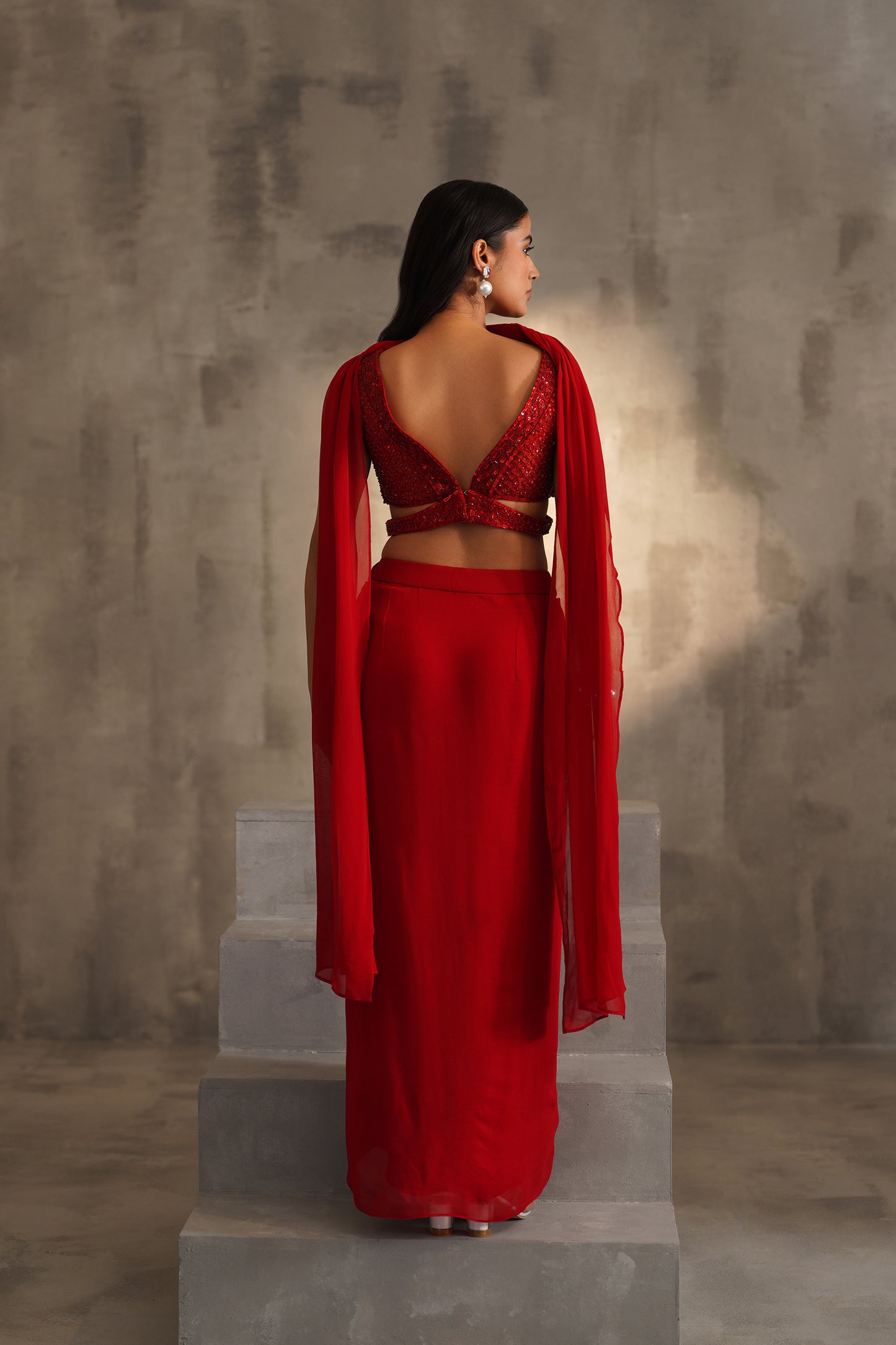 Red Embroidered Blouse, Dhoti Skirt and Choker Dupatta