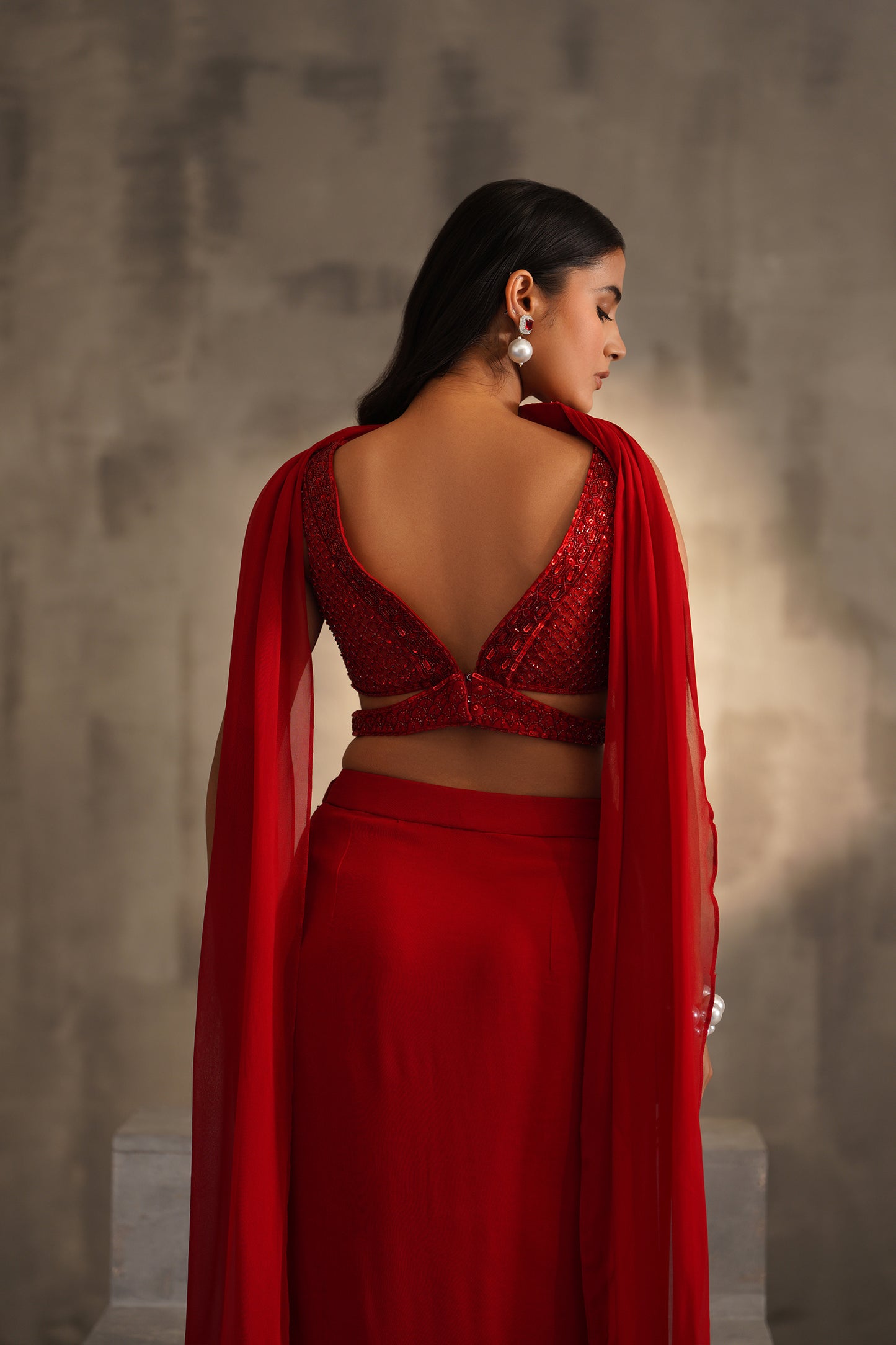Red Embroidered Blouse, Dhoti Skirt and Choker Dupatta