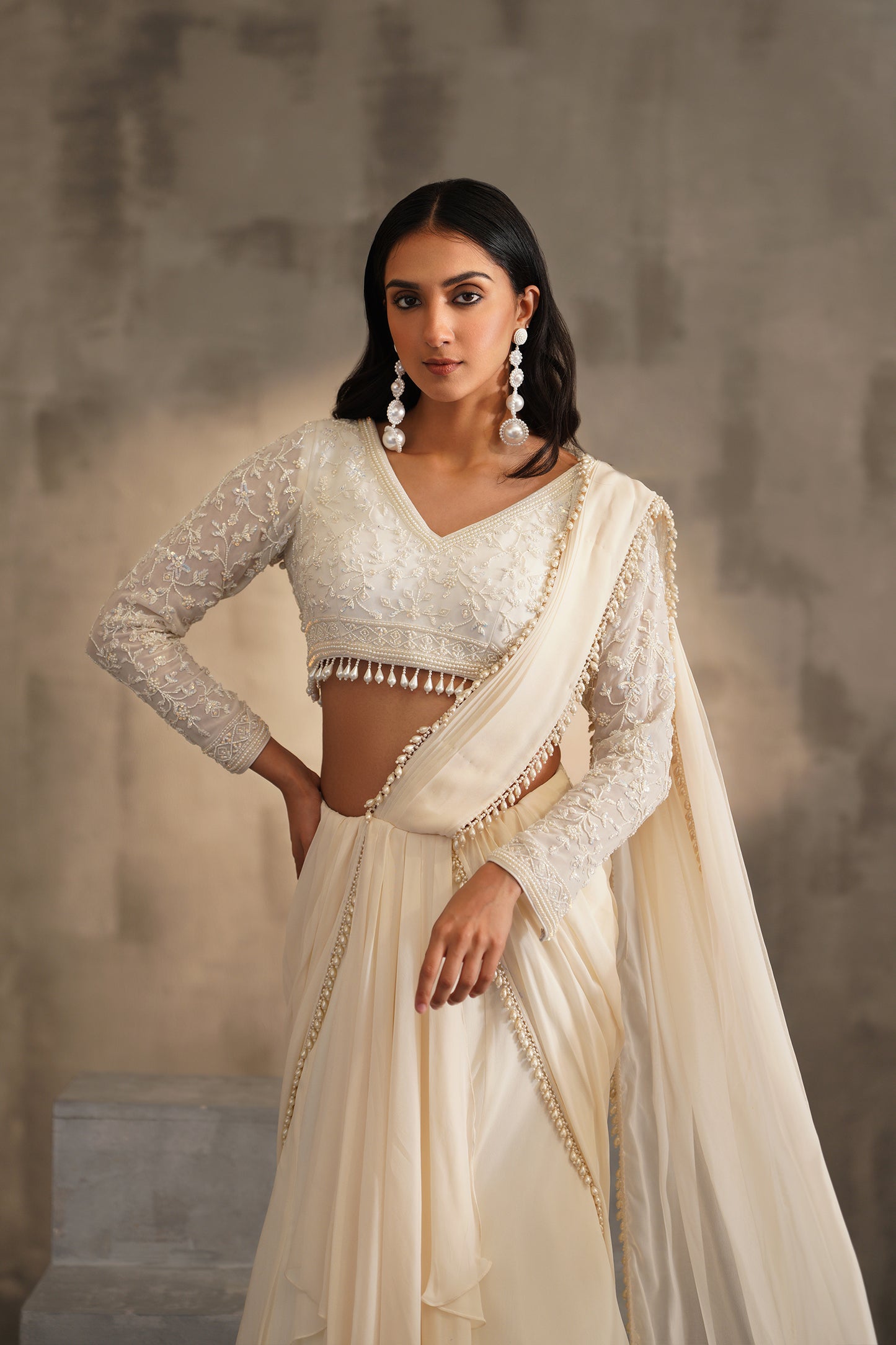 Off White Blouse and Drape Saree
