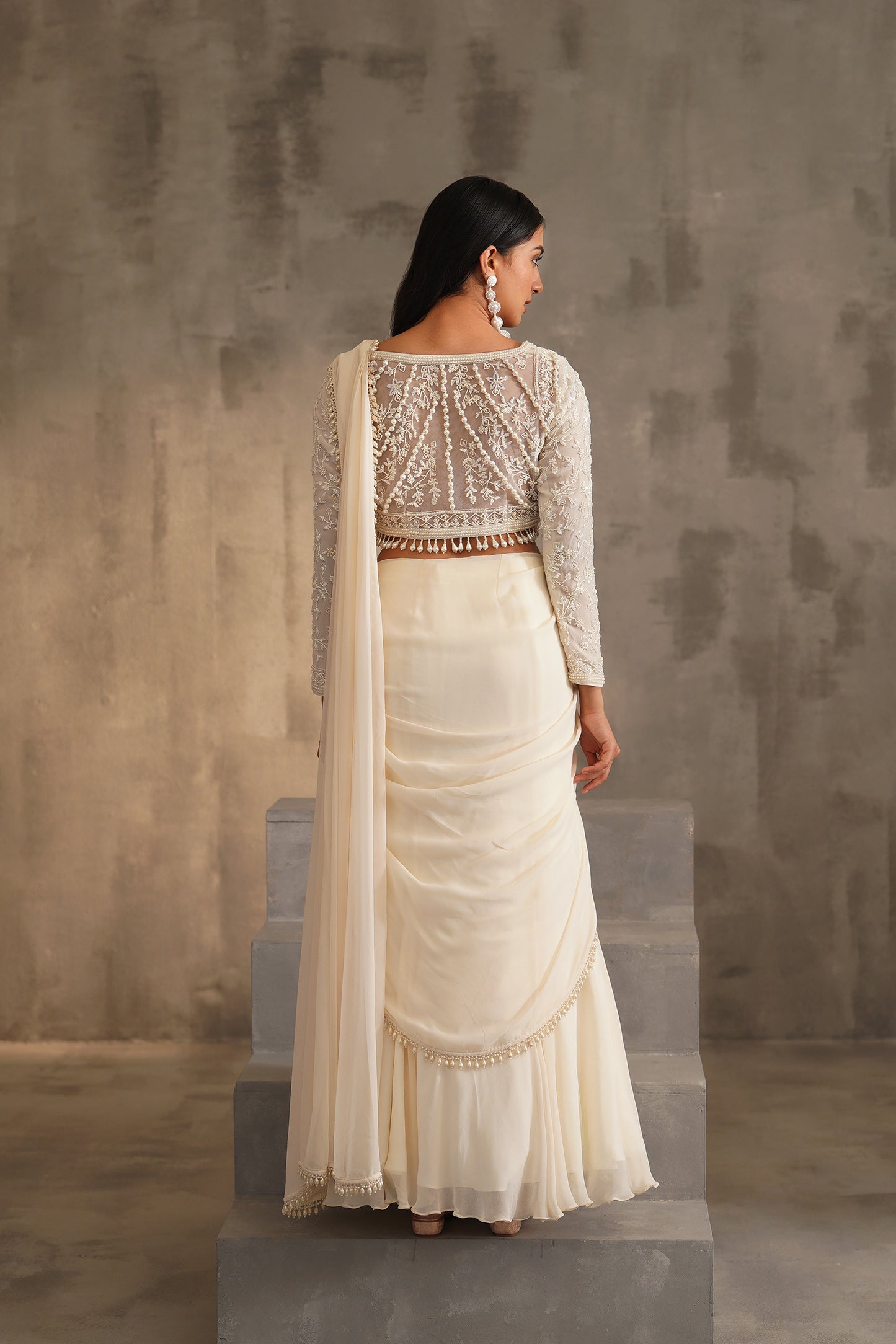 Off White Blouse and Drape Saree