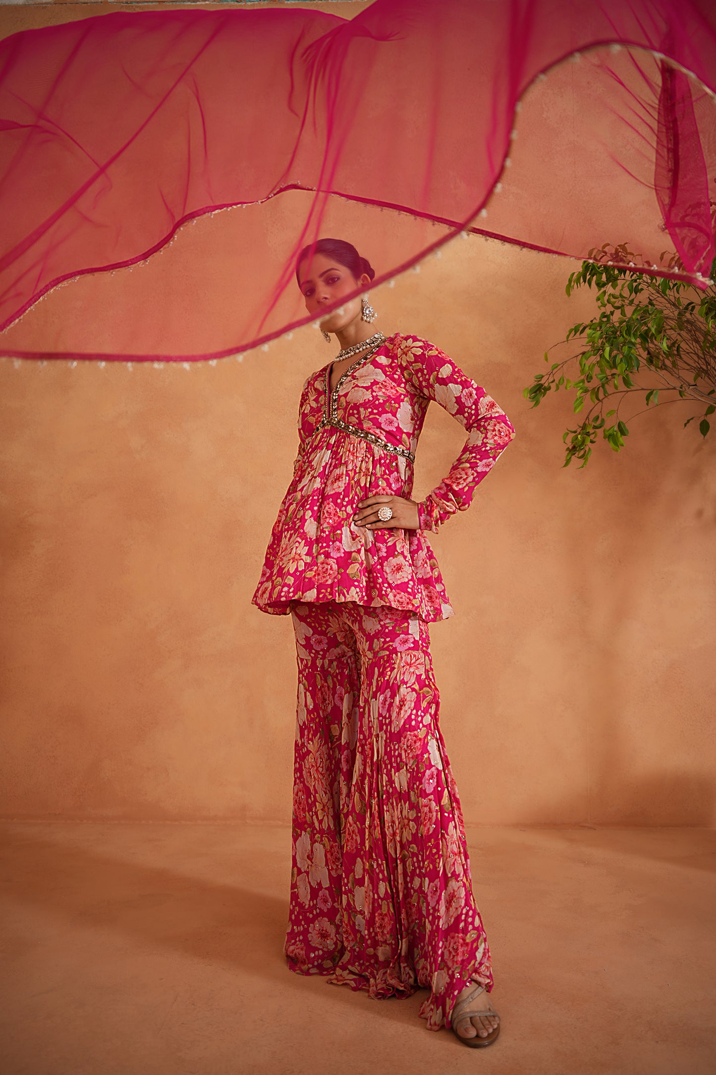Fuchsia Embroidered Peplum Kurti, Garara and Dupatta