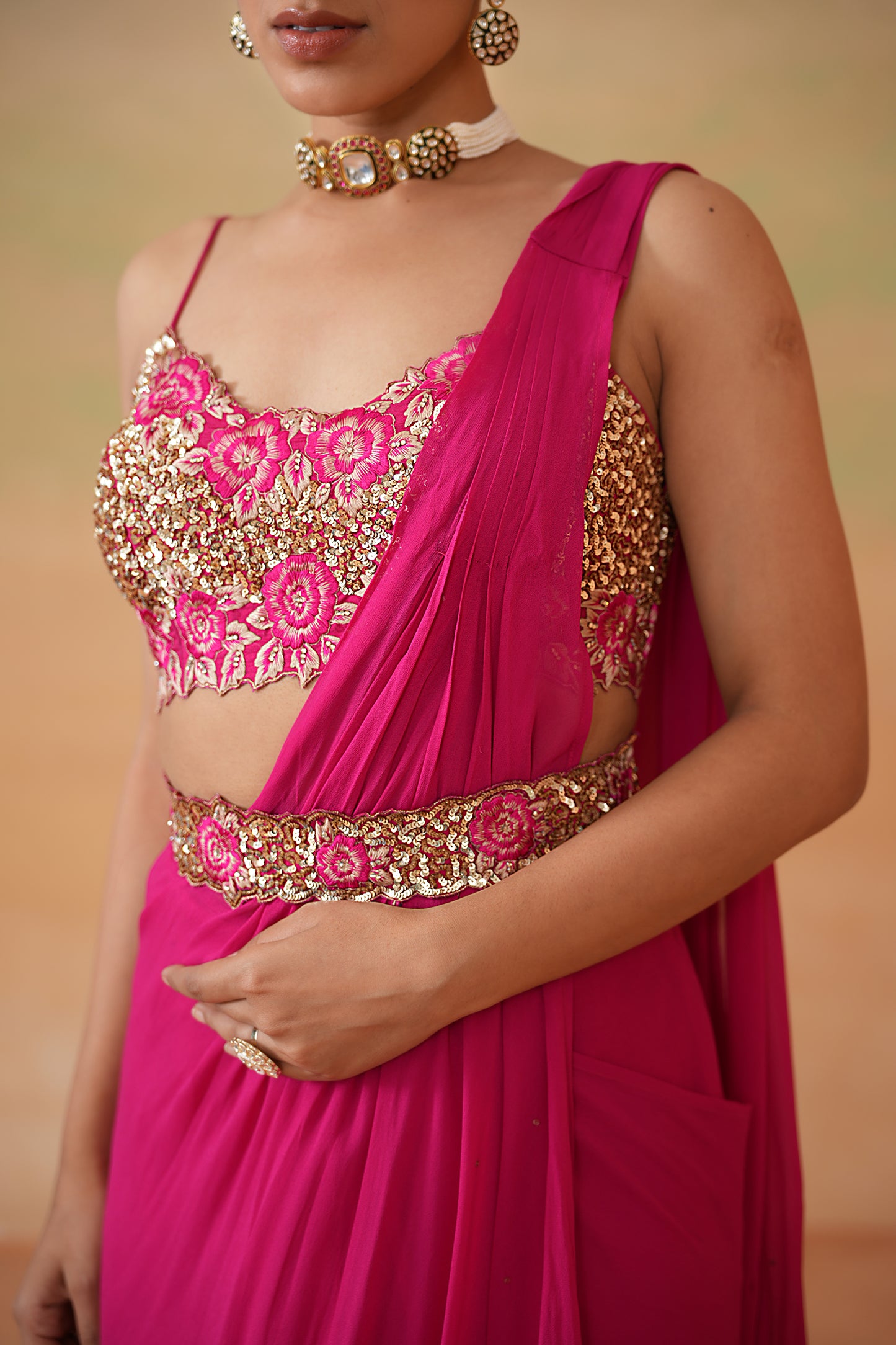 Fuchsia Embroidered Blouse, Drape Saree and Belt