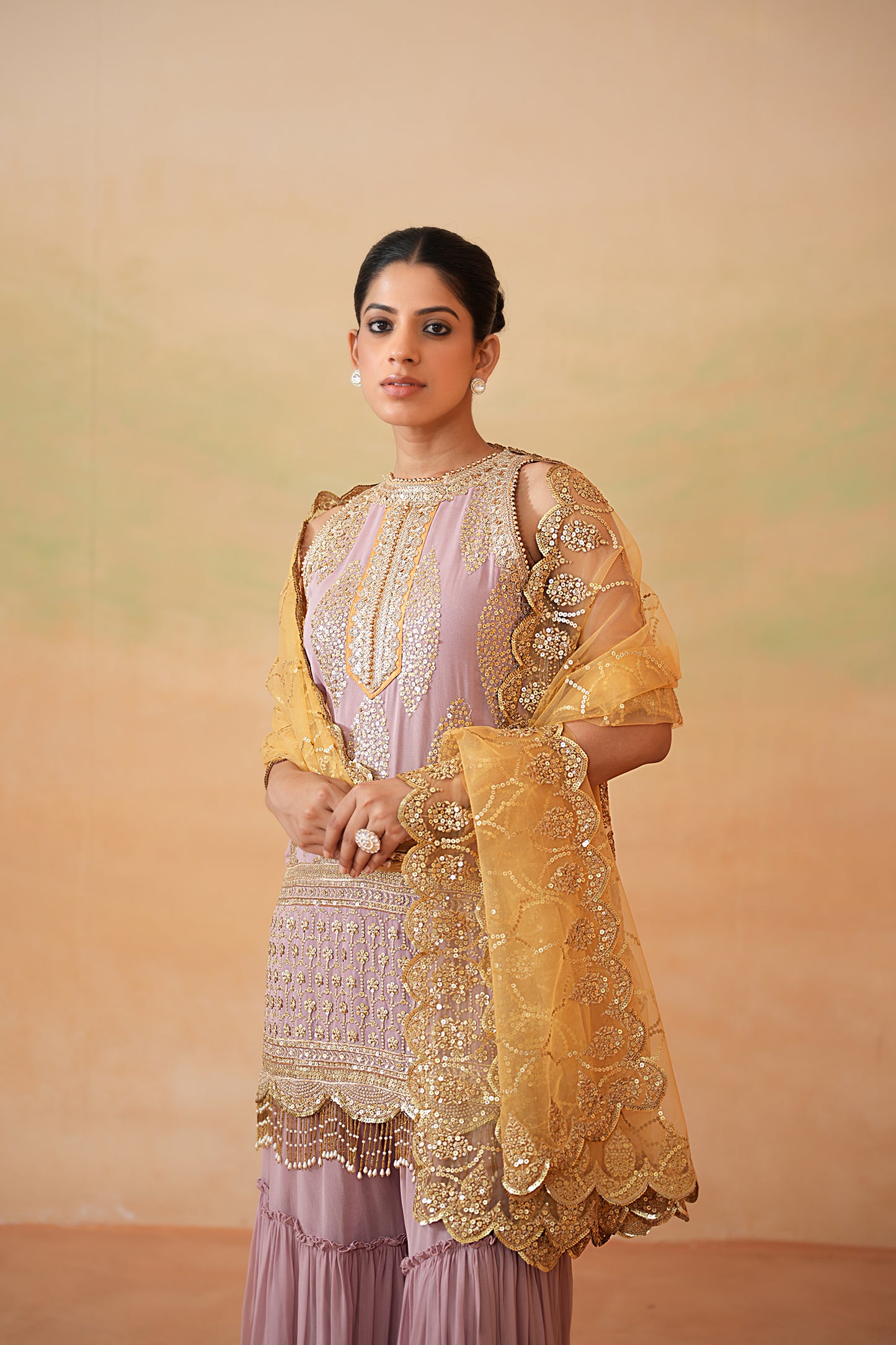 Mauve Ready Fabric Kurti, Garara and Mustard Dupatta