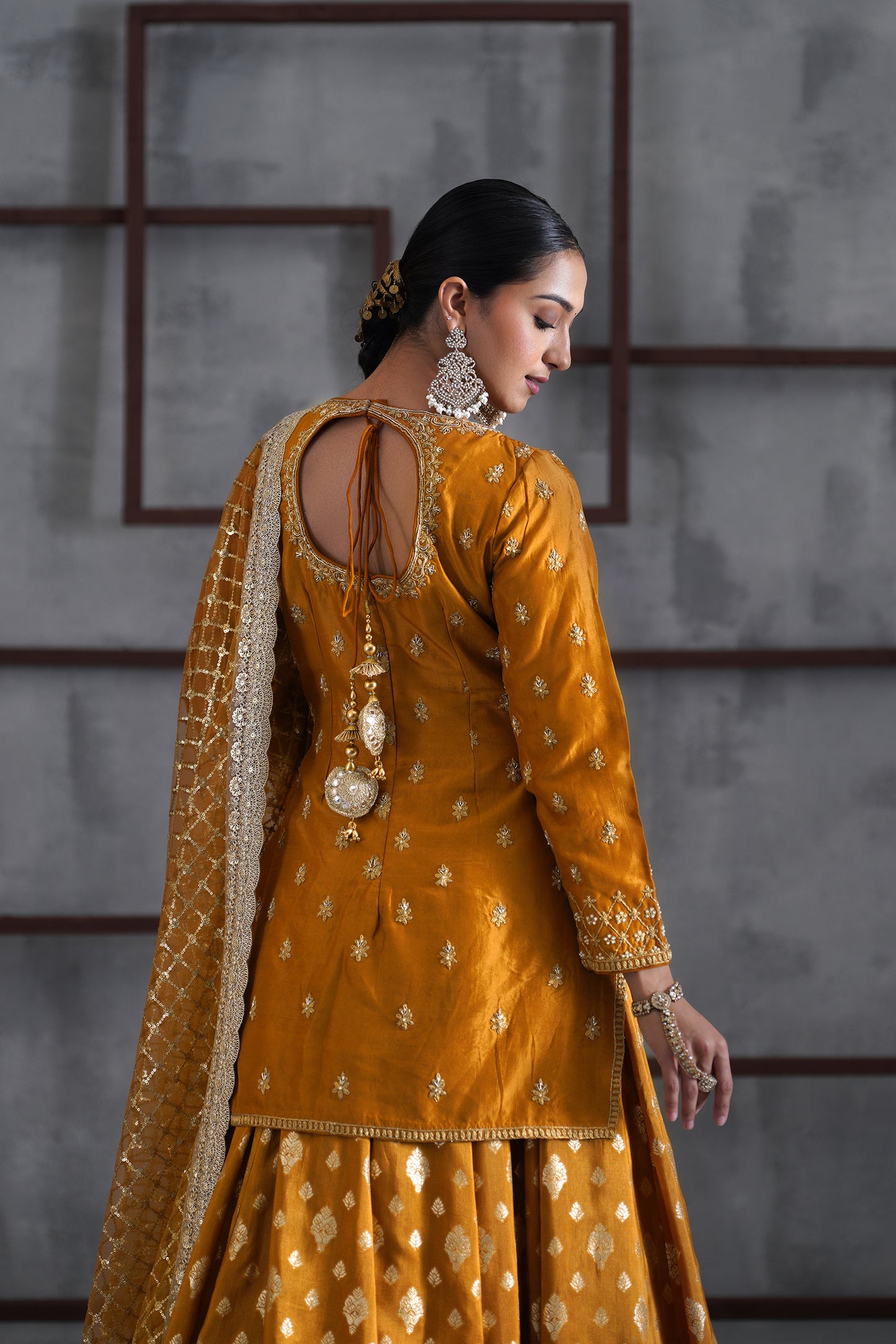 Mustard Embroidered Kurti, Brocade Lehenga and Dupatta