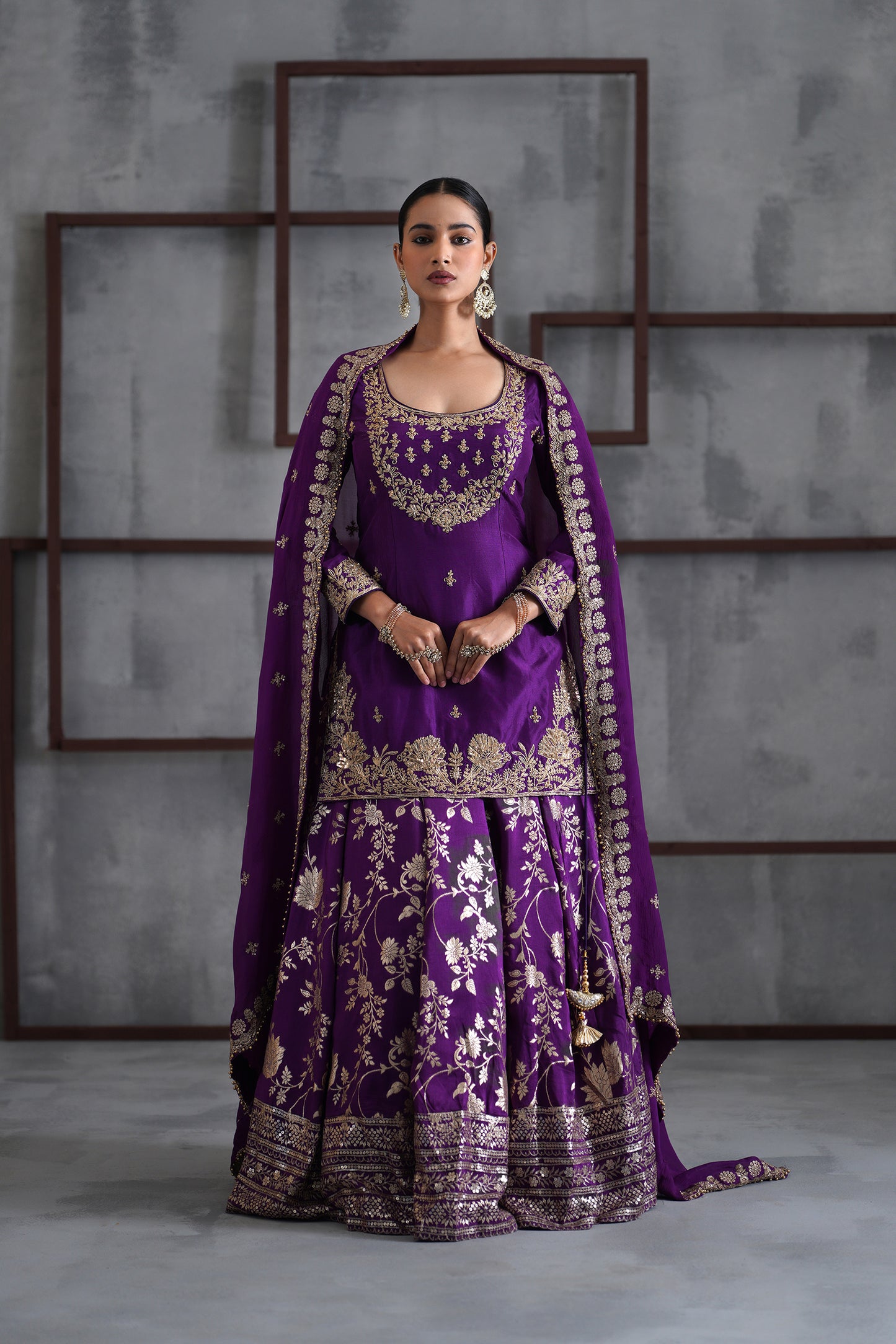 Purple Embroidered Kurti, Banarsi Lehenga and Dupatta