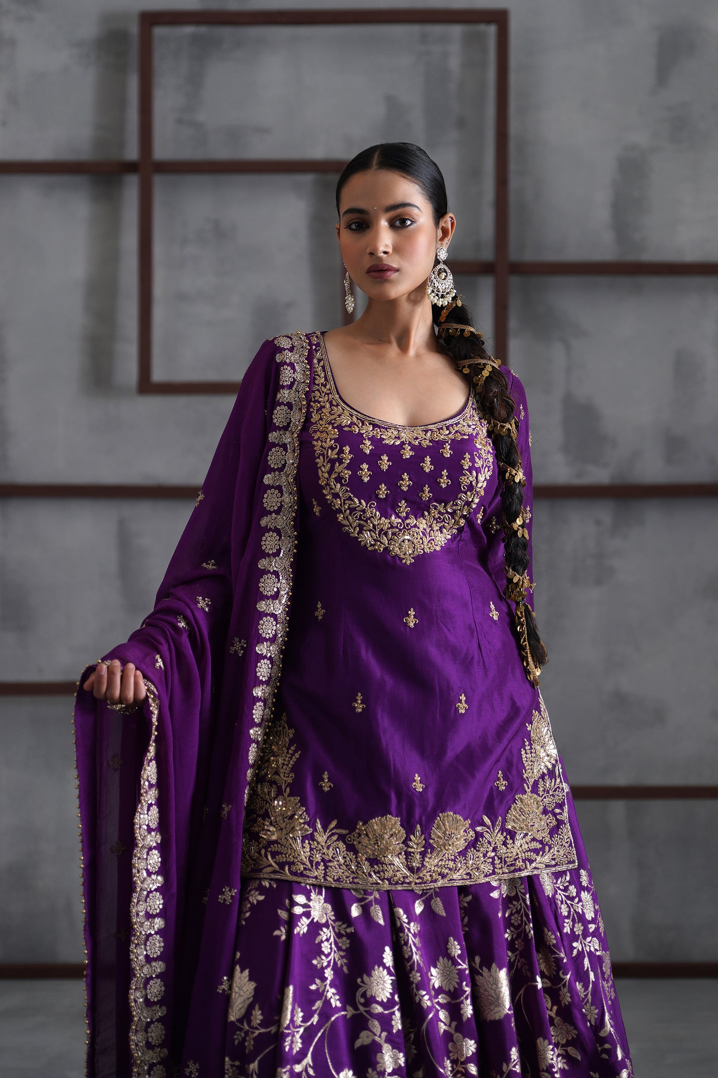 Purple Embroidered Kurti, Banarsi Lehenga and Dupatta