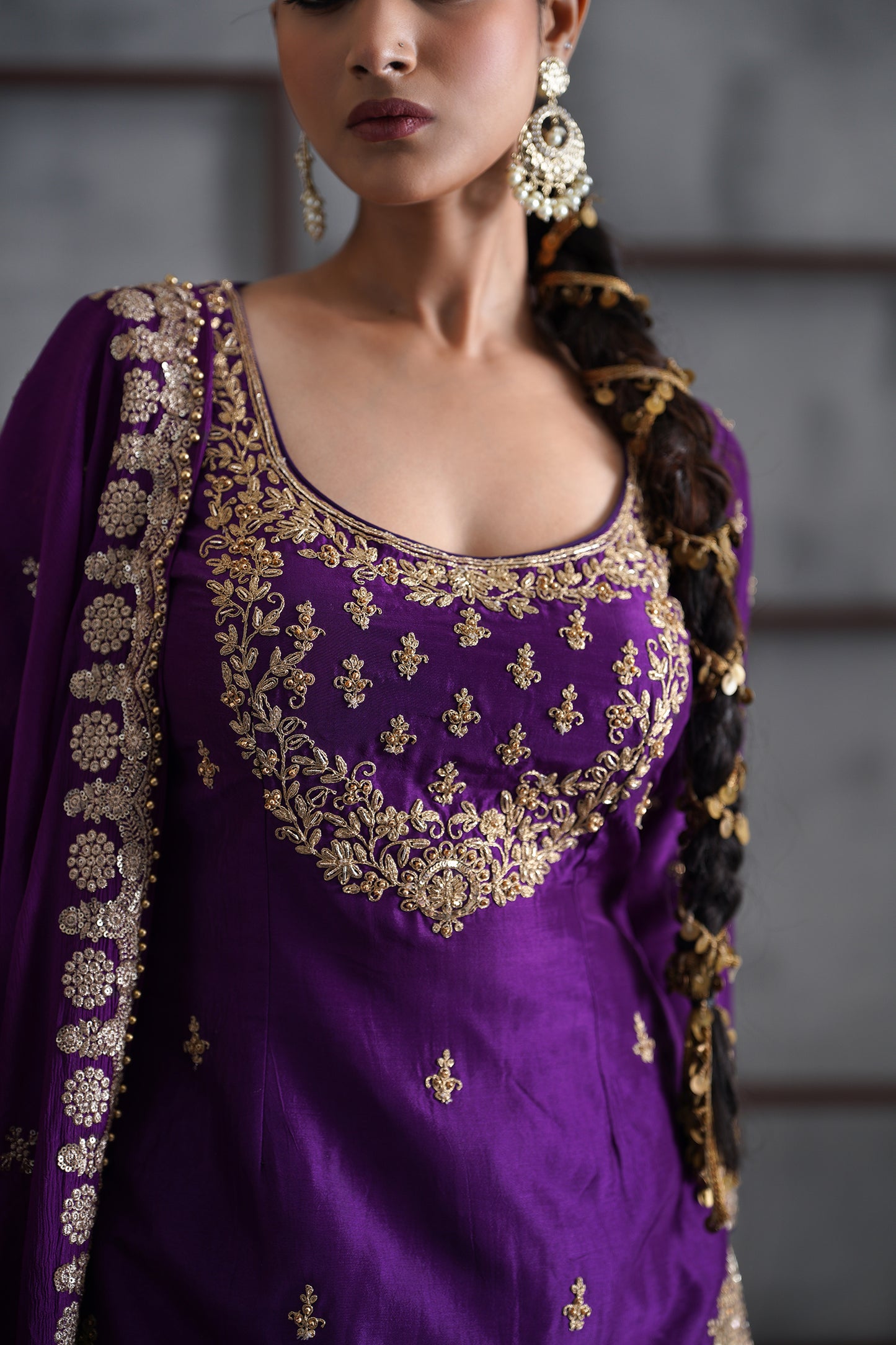 Purple Embroidered Kurti, Banarsi Lehenga and Dupatta