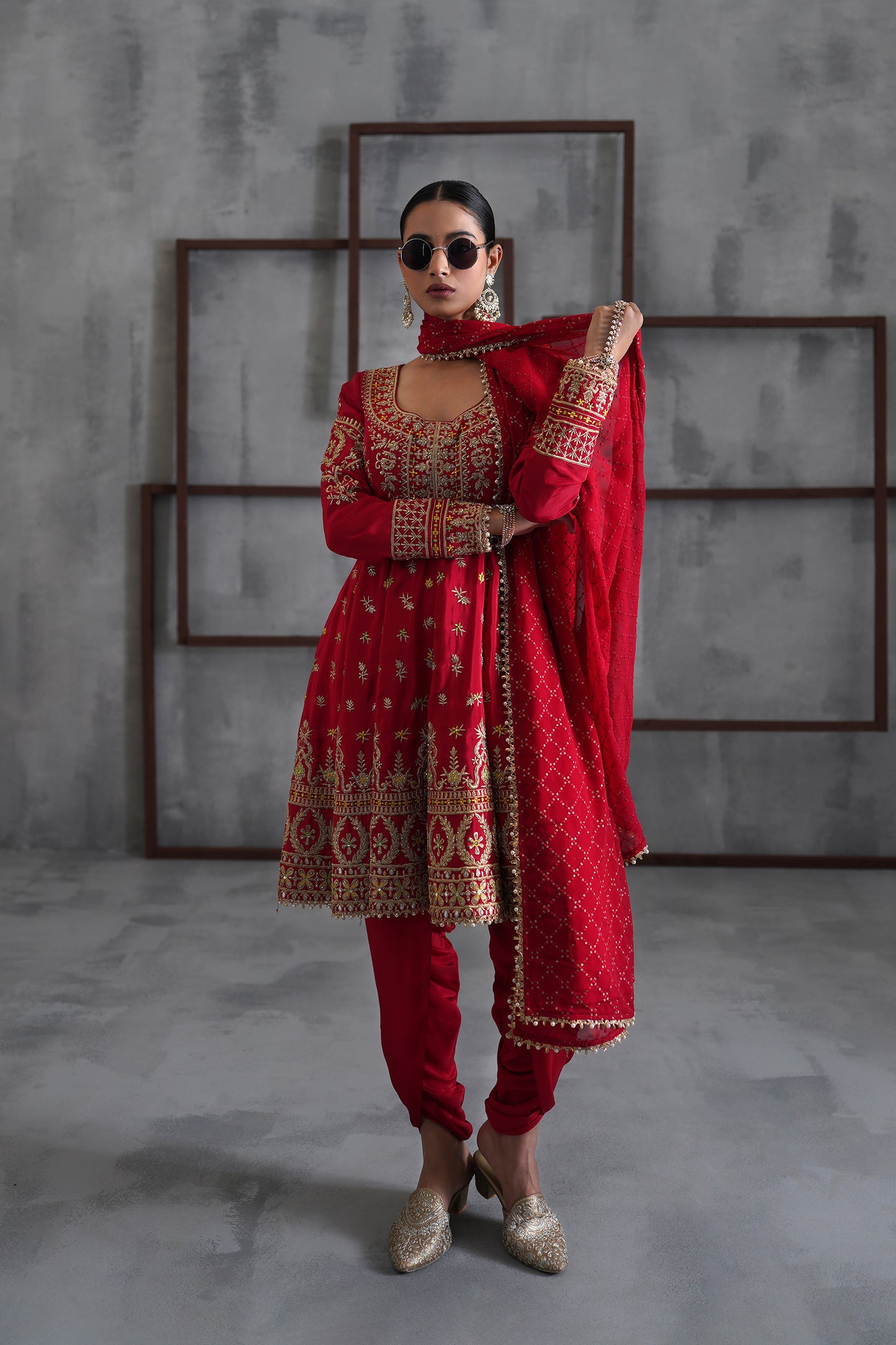 Red Embroidered Anarkali, Tulip Pants and Dupatta