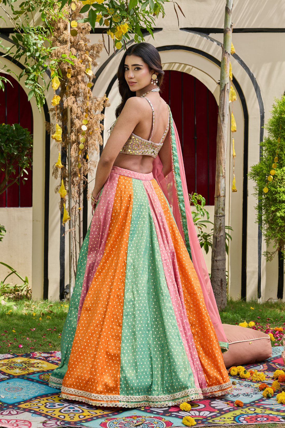 Mauve Mirror-Encrusted Bustier & Multi-Panel Lehenga Set