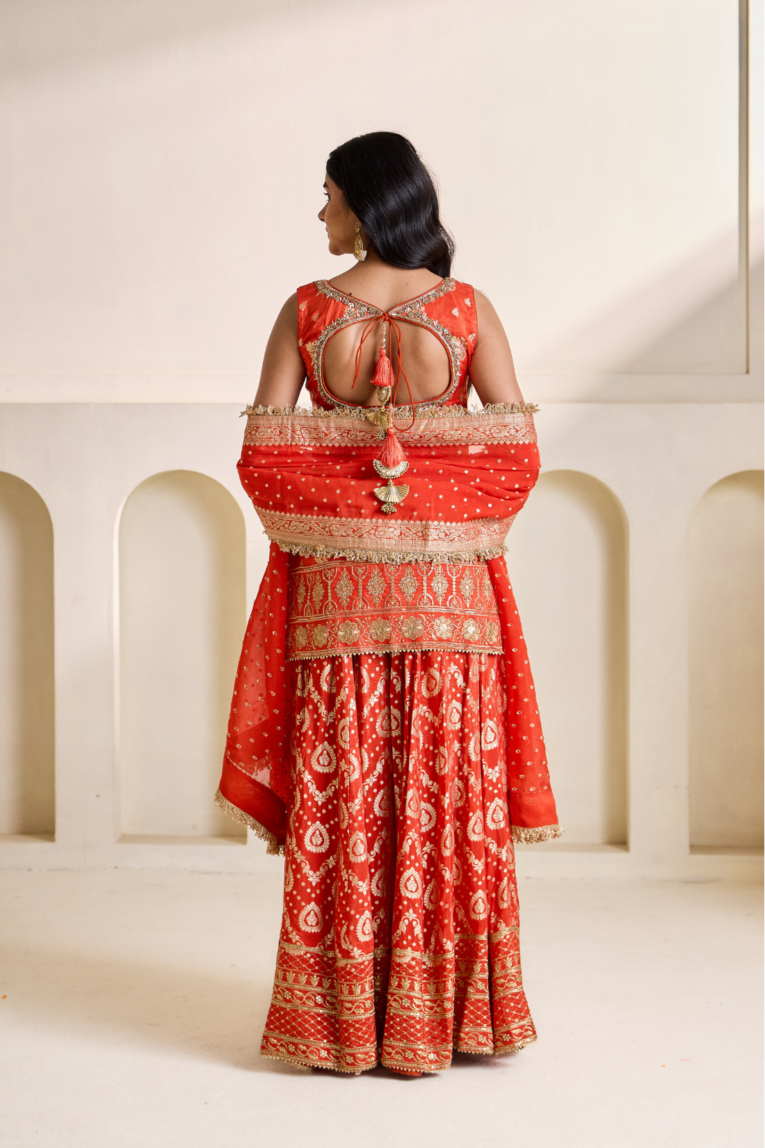 Rust orange banarsi kurti and sharara set