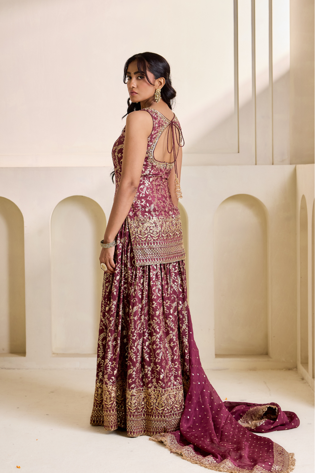 Wine embroidery banarsi kurti sharara set