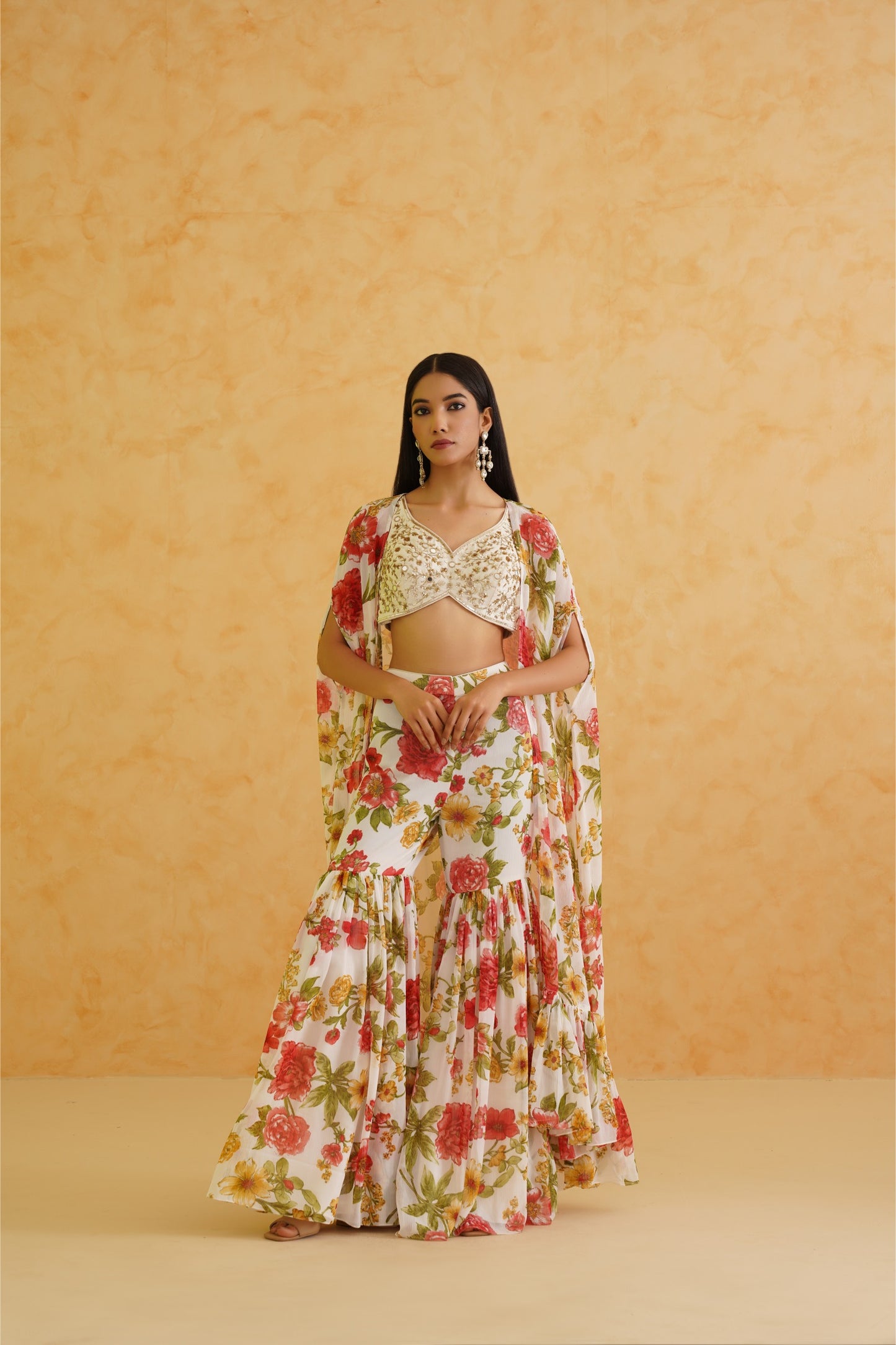 White embroidered croptop, Jacket and Skirt set