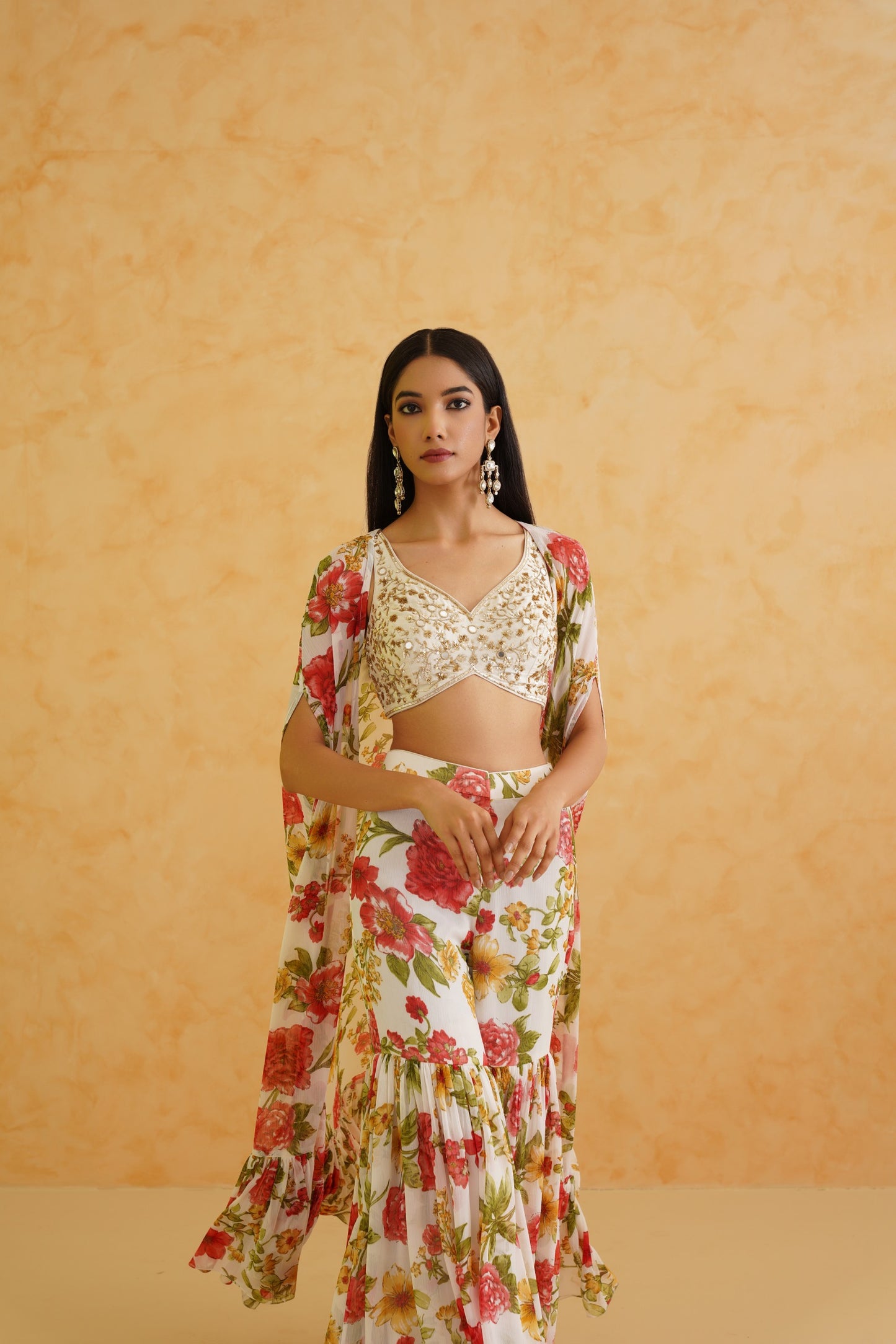 White embroidered croptop, Jacket and Skirt set