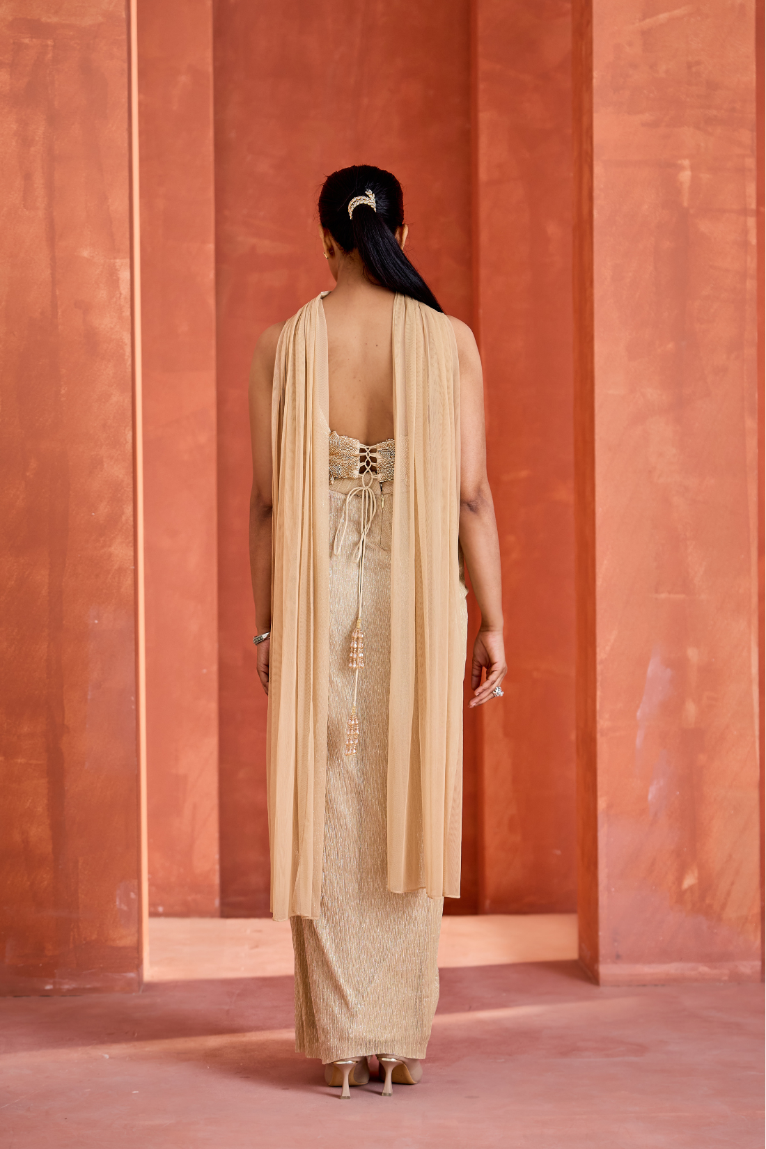 Light gold blouse Drape Skirt And Choker Dupatta