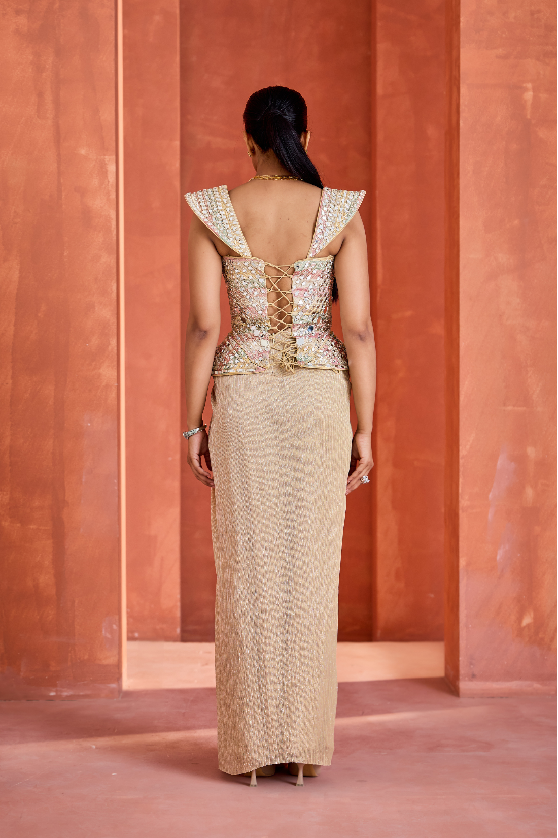 Drape skirt along pallu and Corset