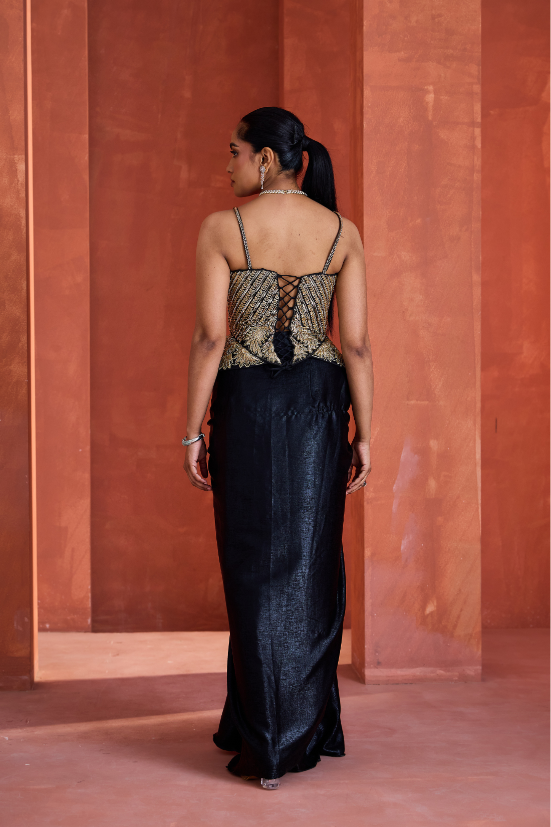 Black drape skirt gold corset