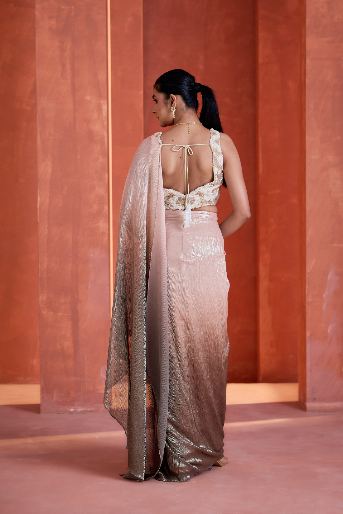 Ombre pink drape skirt and blouse