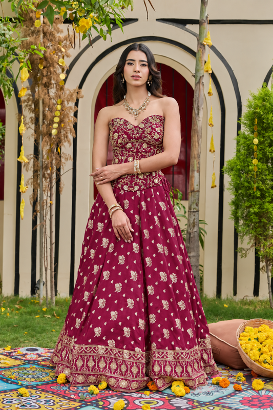 Plum Mirror-Embellished Corset & Banarasi Lehenga Set