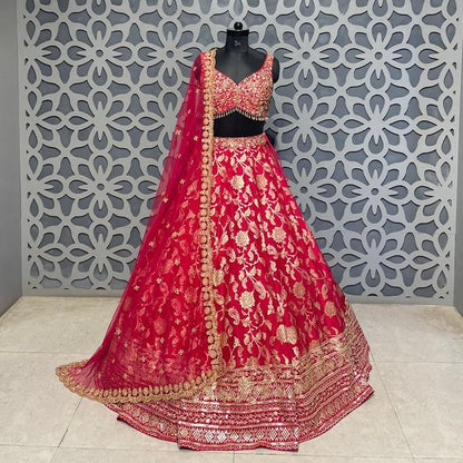 Fuchsia Brocade Lehenga Blouse And Dupatta Set