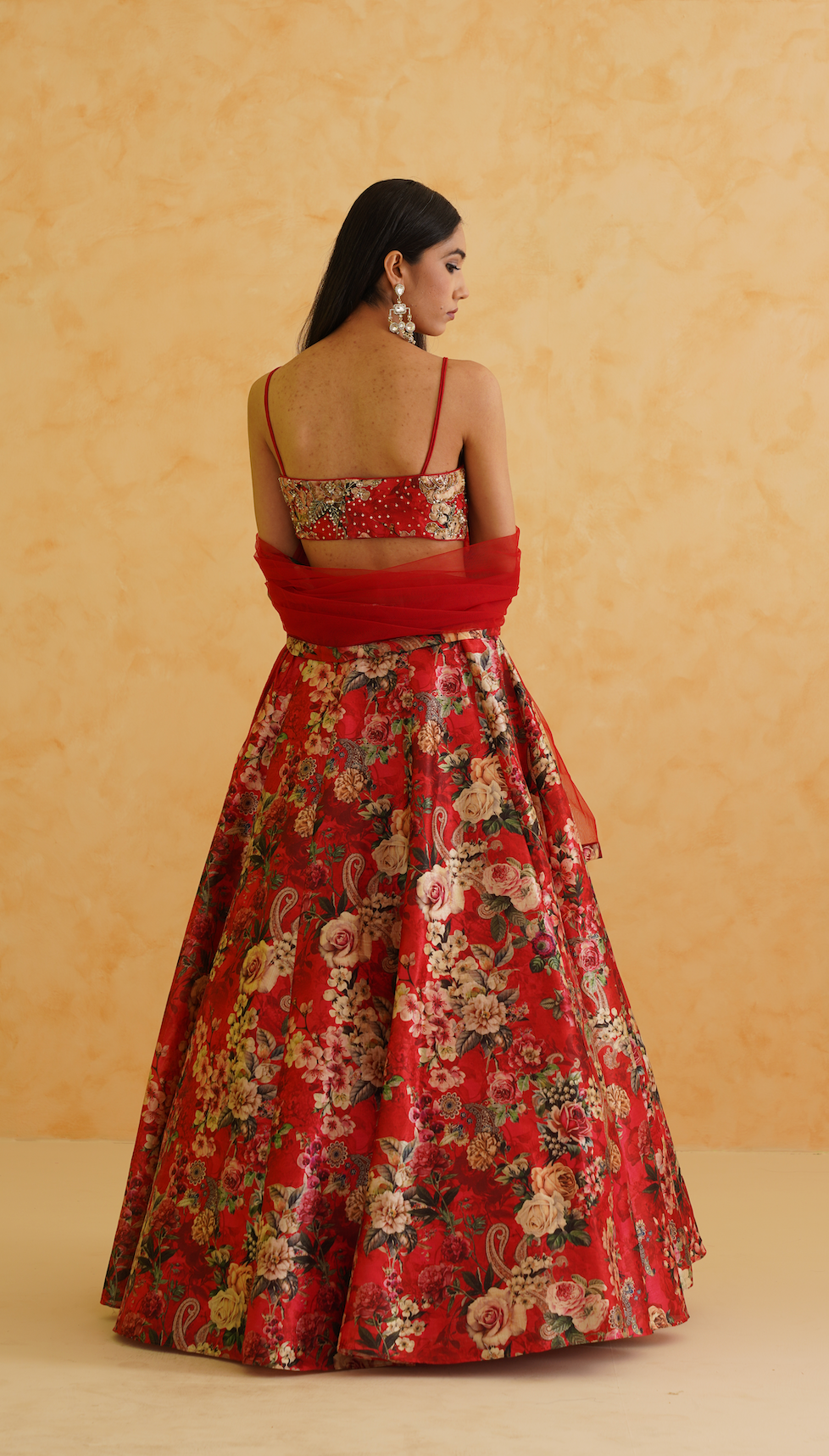 Red printed georgette lehenga, Blouse and dupatta Set