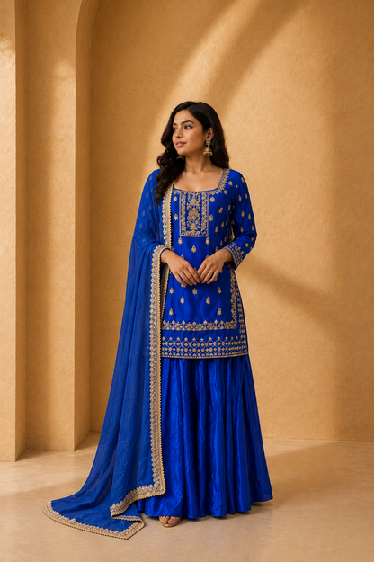 Royal Blue Silk Sharara Set